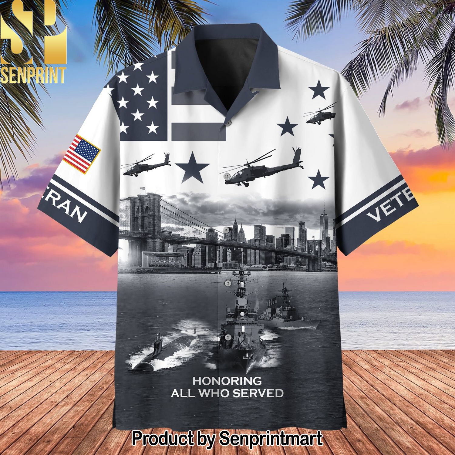 Honoring All Who Served United States Veteran Hypebeast Fashion Hawaiian Print Aloha Button Down Short Sleeve Shirt