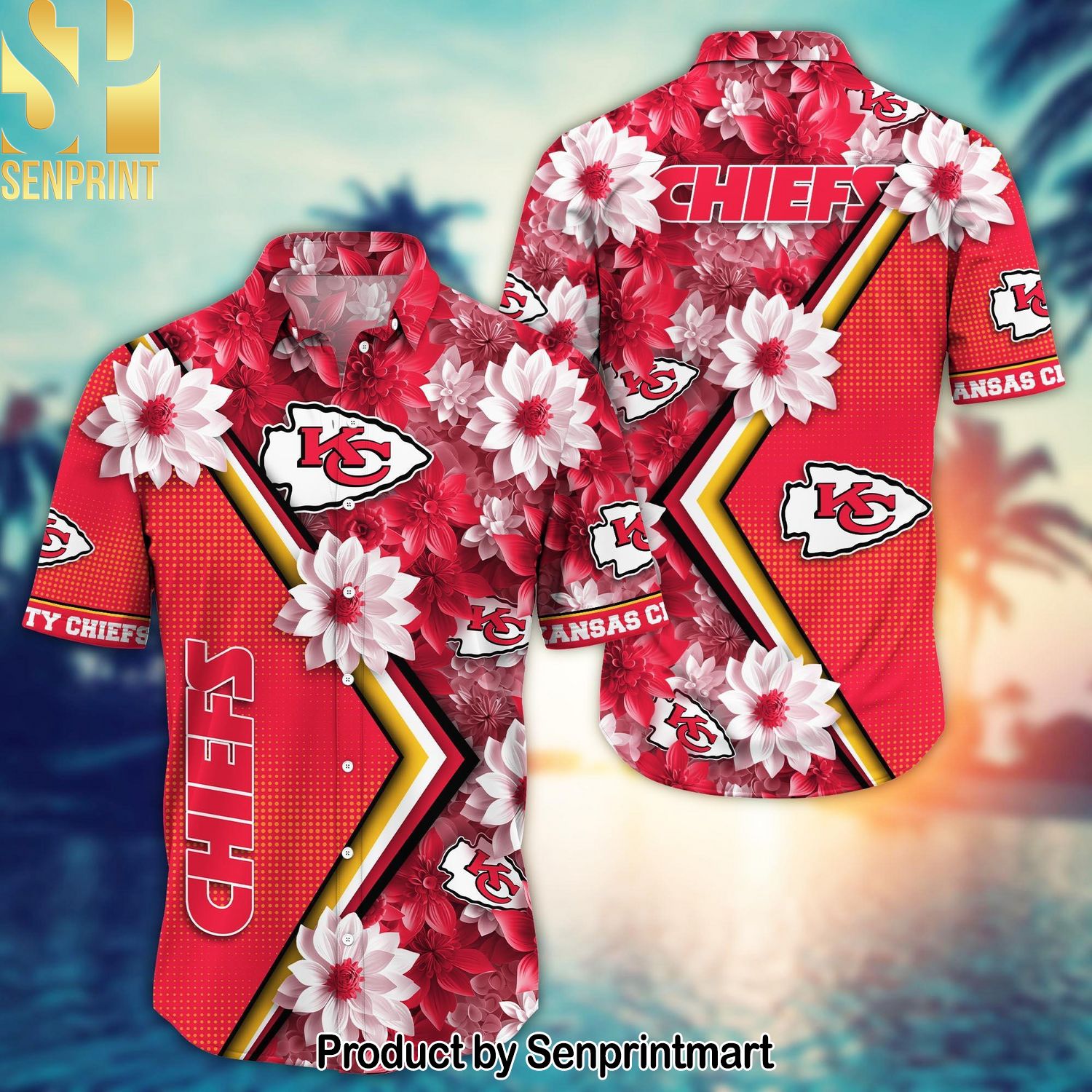 Kansas City Chiefs Classic All Over Print Hawaiian Print Aloha Button Down Short Sleeve Shirt