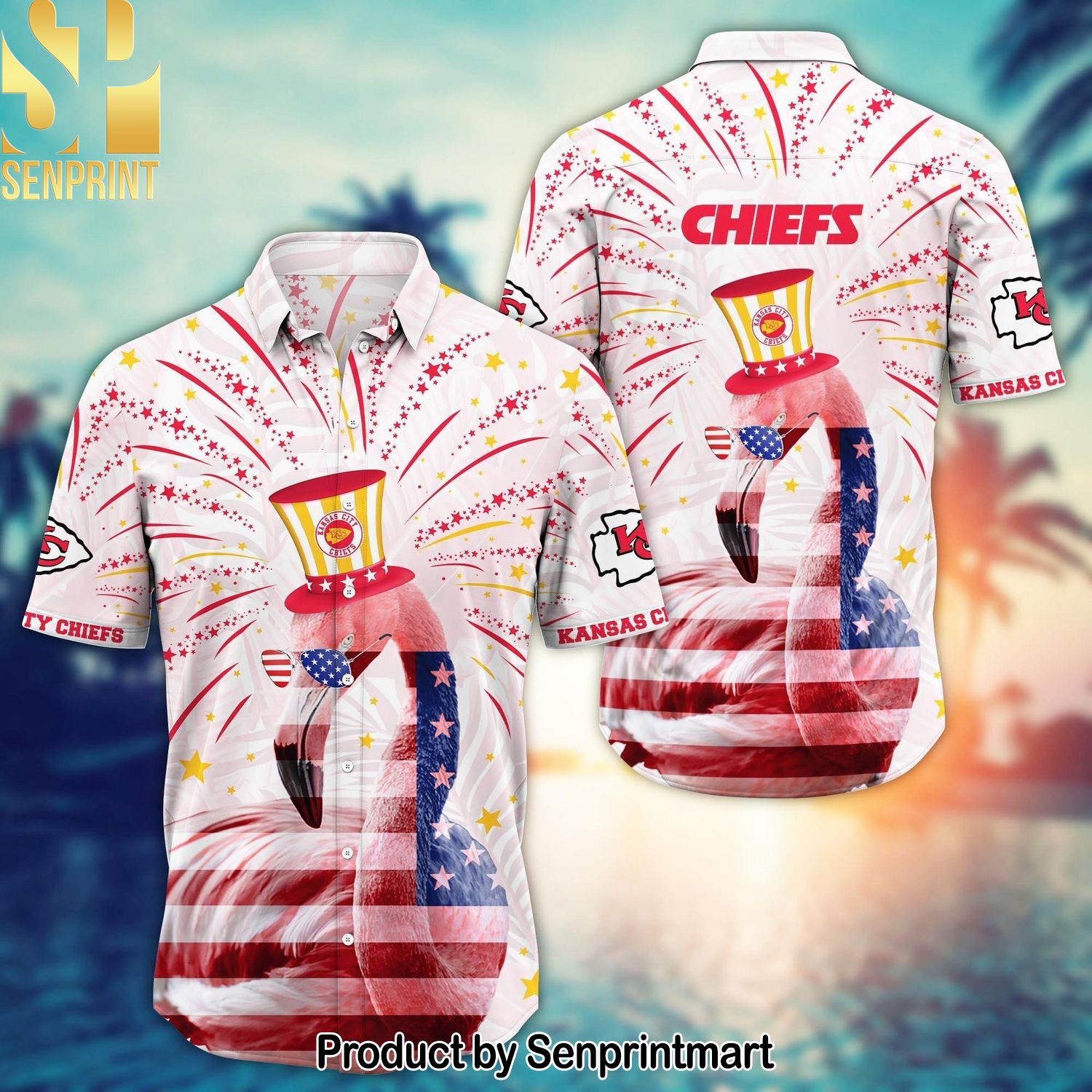 Kansas City Chiefs Full Printed Hawaiian Print Aloha Button Down Short Sleeve Shirt
