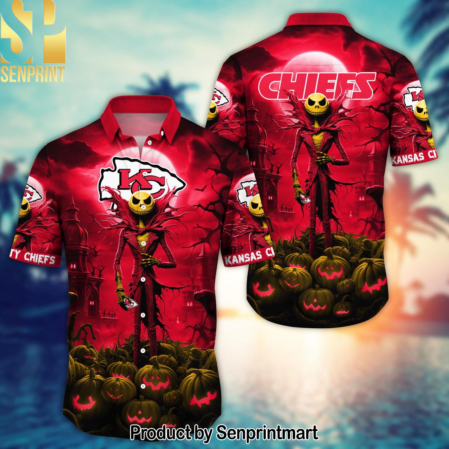 Kansas City Chiefs Halloween Jack Trending For This Season Awesome Outfit Hawaiian Print Aloha Button Down Short Sleeve Shirt
