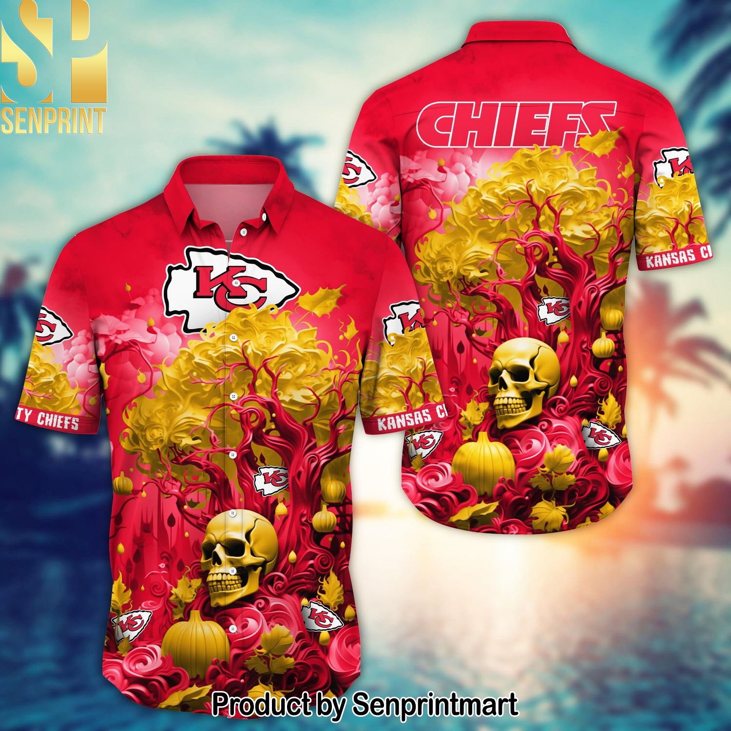Kansas City Chiefs Halloween Skull Trending Arrivals Full Printing Hawaiian Print Aloha Button Down Short Sleeve Shirt