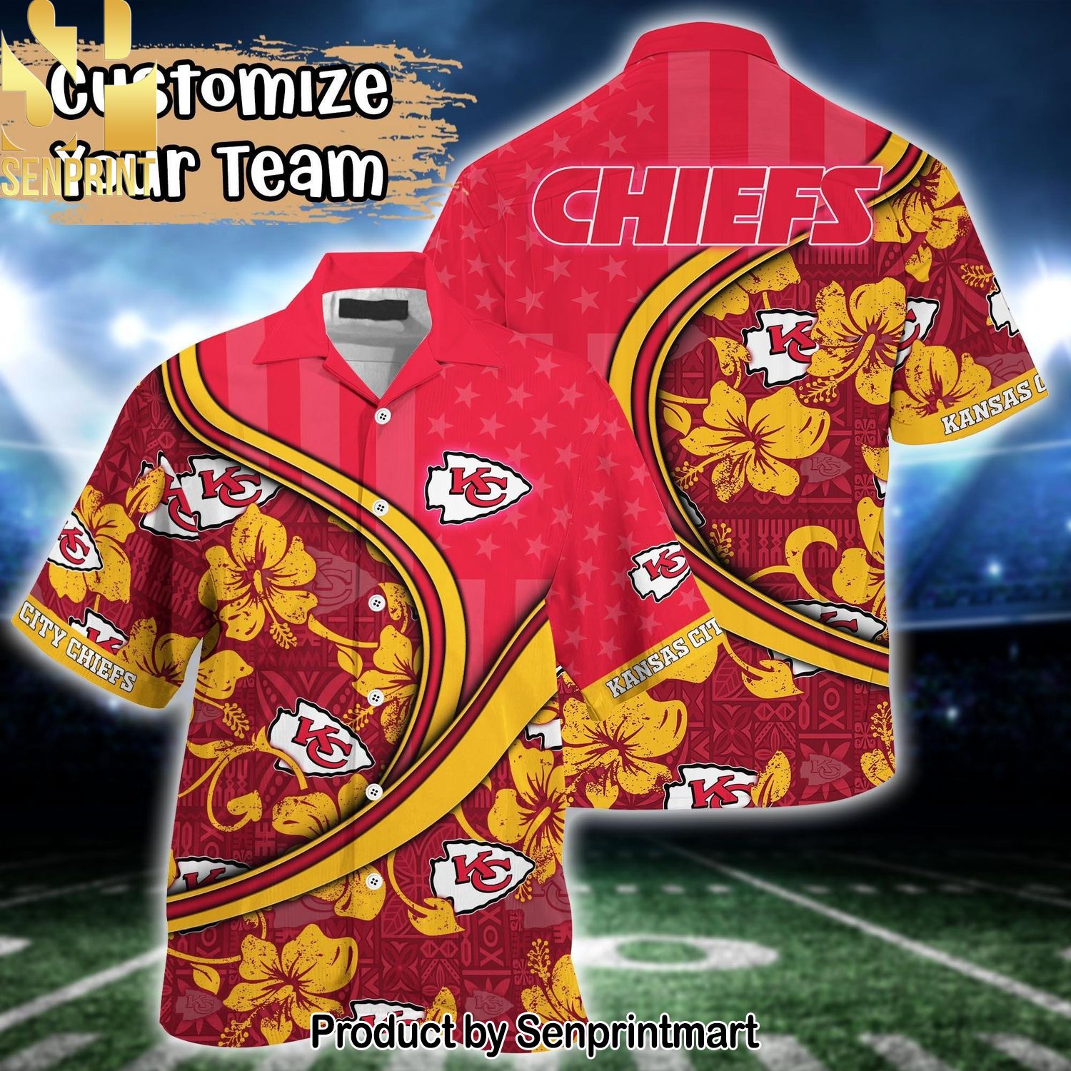 Kansas City Chiefs NFL US Flag Flower Custom Summer Football High Fashion Full Printing Hawaiian Print Aloha Button Down Short Sleeve Shirt