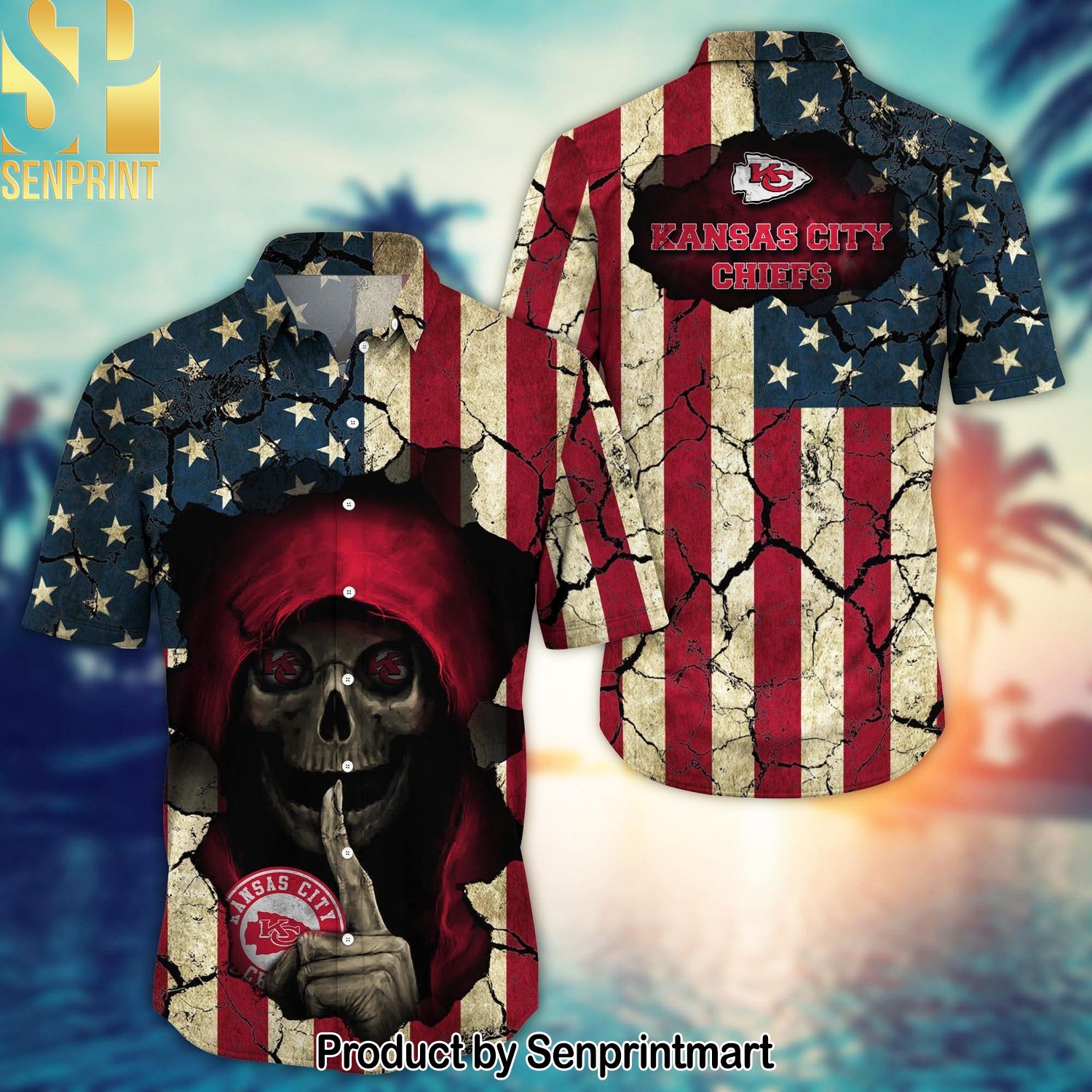 Kansas City Chiefs Skull Aloha Halloween Season Full Printing Hawaiian Print Aloha Button Down Short Sleeve Shirt