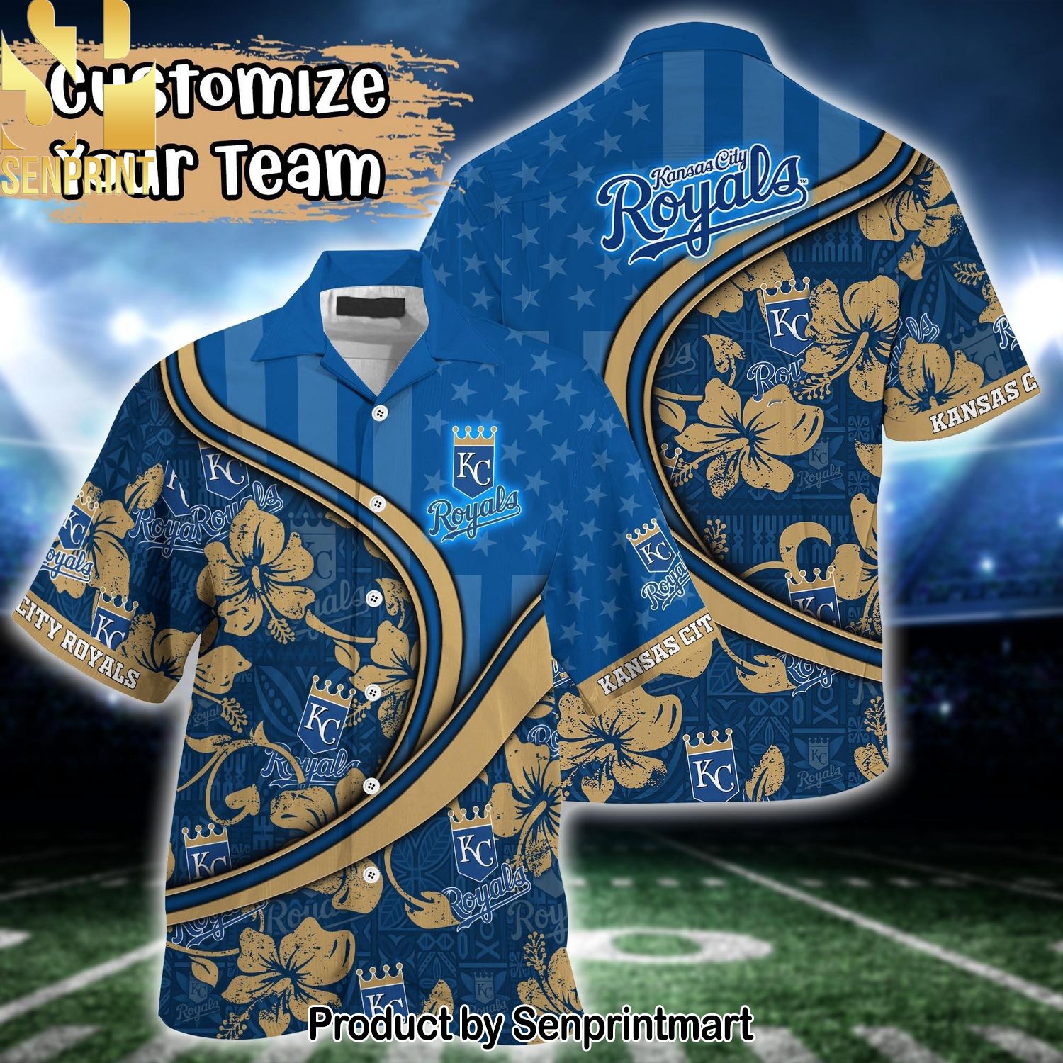 Kansas City Royals MLB US Flag Flower Custom Summer Football Combo Full Printing Hawaiian Print Aloha Button Down Short Sleeve Shirt