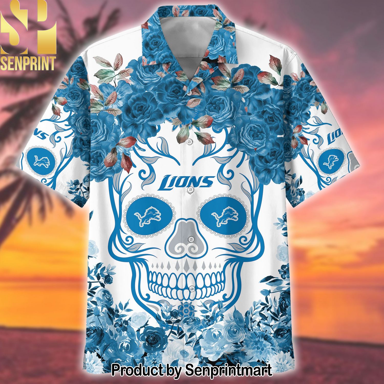 Lions NFL Flower Skull Hypebeast Fashion Hawaiian Print Aloha Button Down Short Sleeve Shirt