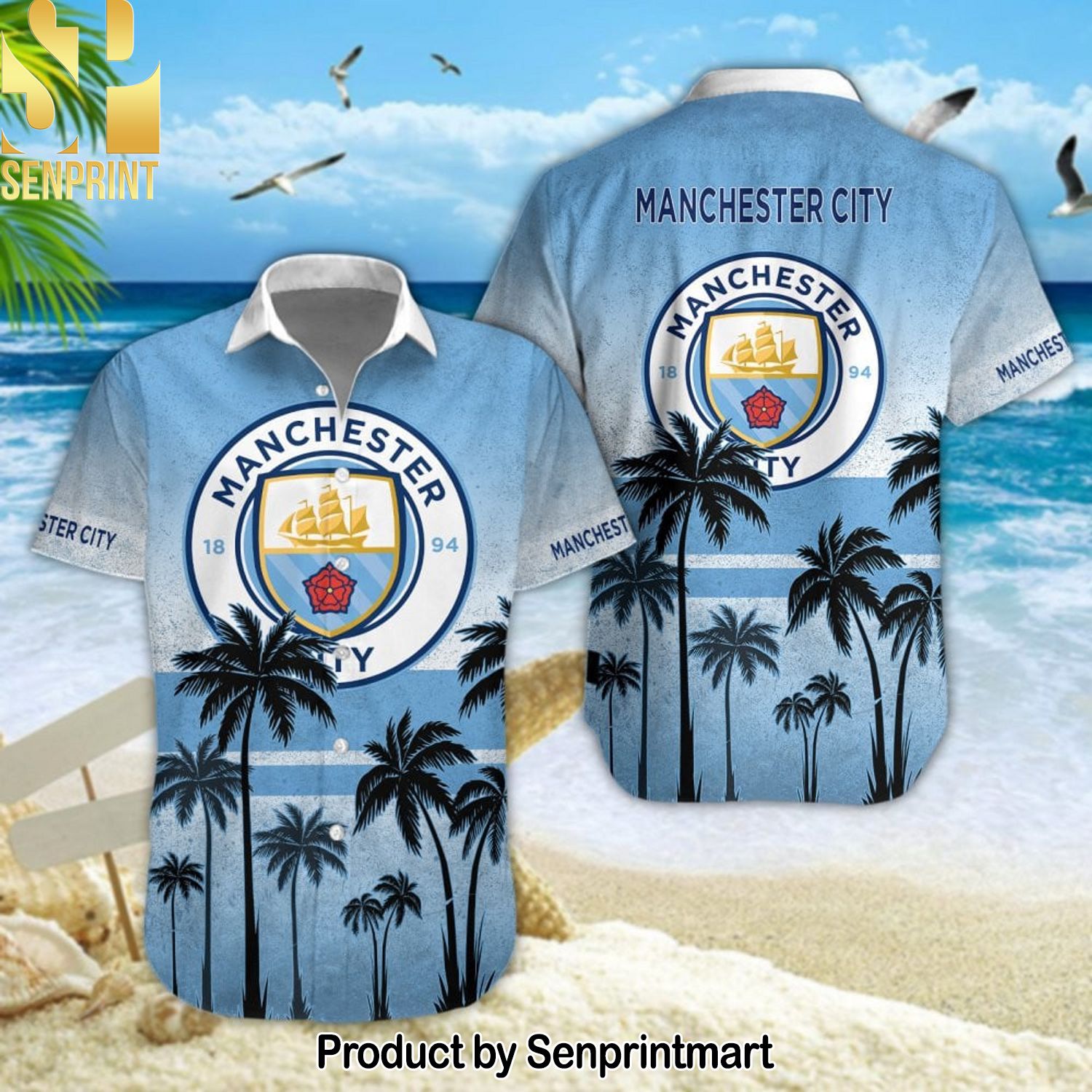 Manchester City Football Club All Over Printed 3D Hawaiian Print Aloha Button Down Short Sleeve Shirt