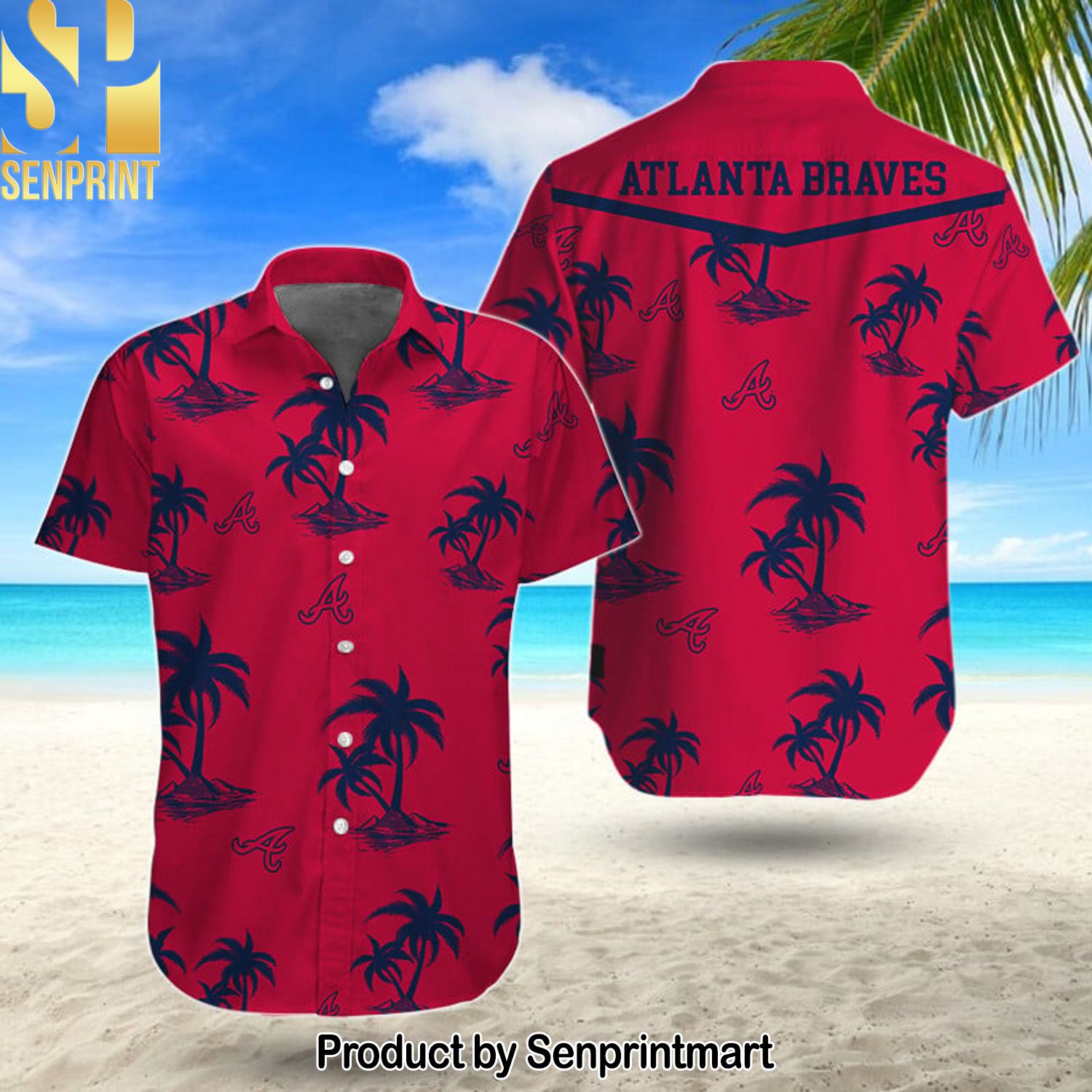 MLB Atlanta Braves Unisex All Over Printed Hawaiian Print Aloha Button Down Short Sleeve Shirt