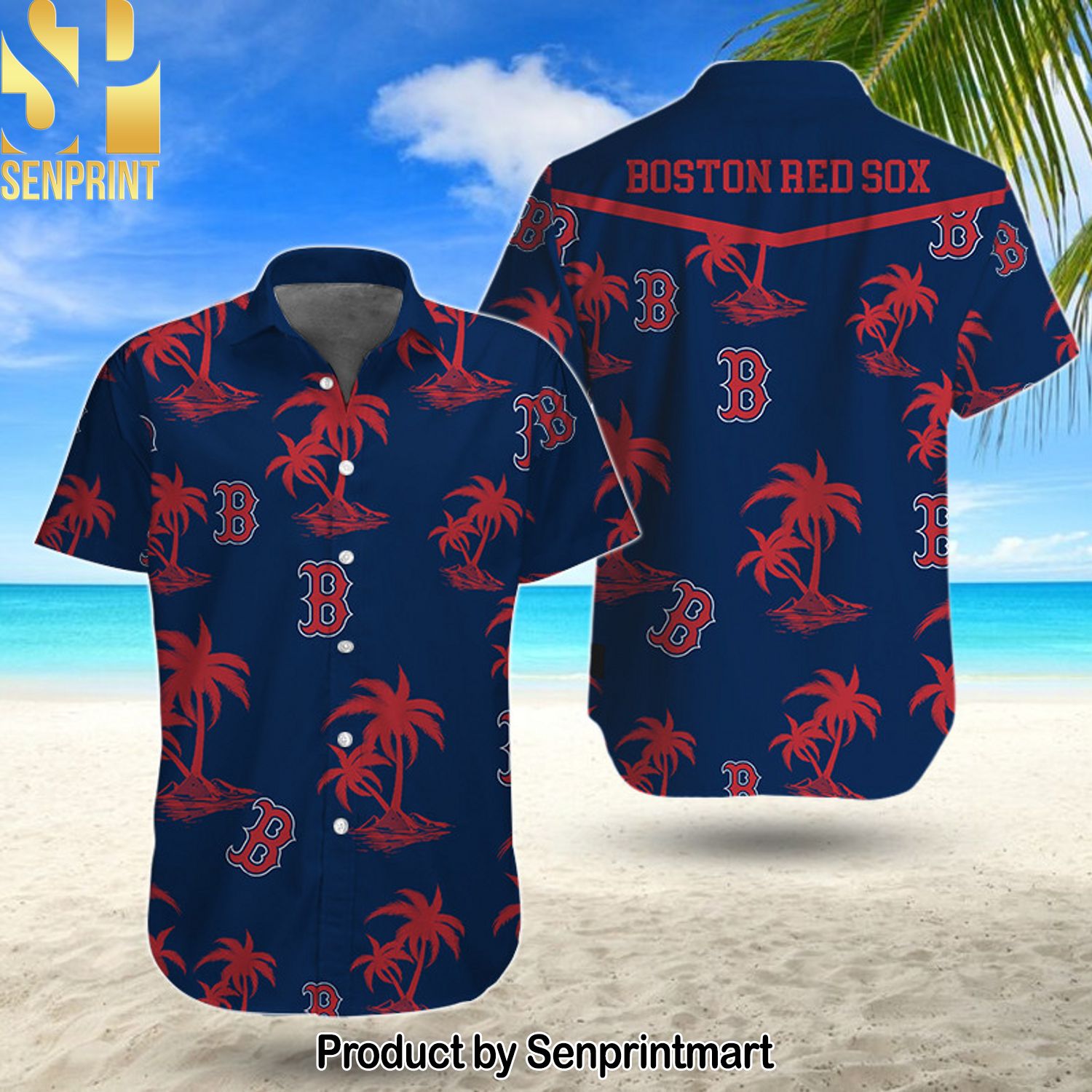 MLB BOSTON RED SOX Full Print Hawaiian Print Aloha Button Down Short Sleeve Shirt