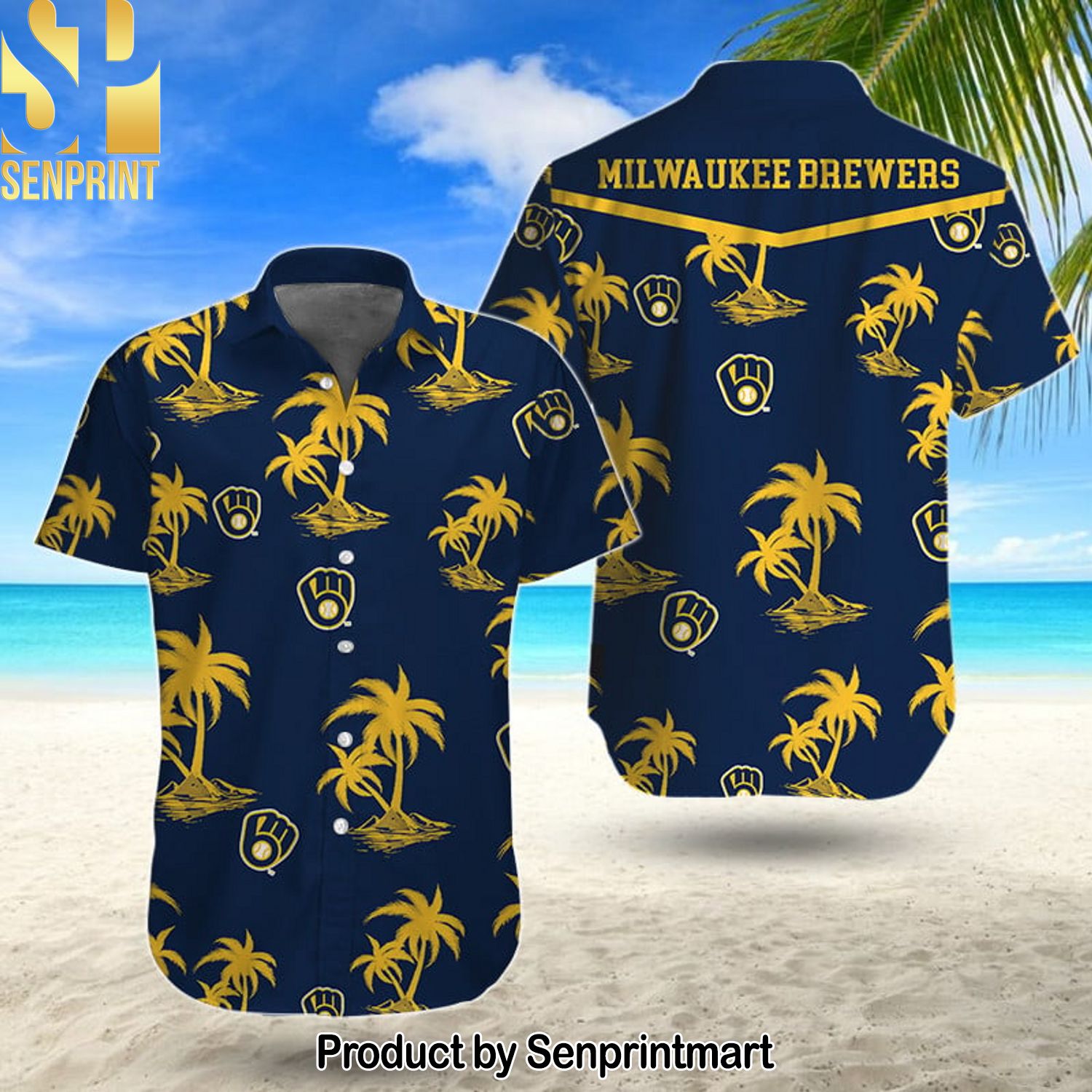 MLB Milwaukee Brewers Full Print Hawaiian Print Aloha Button Down Short Sleeve Shirt