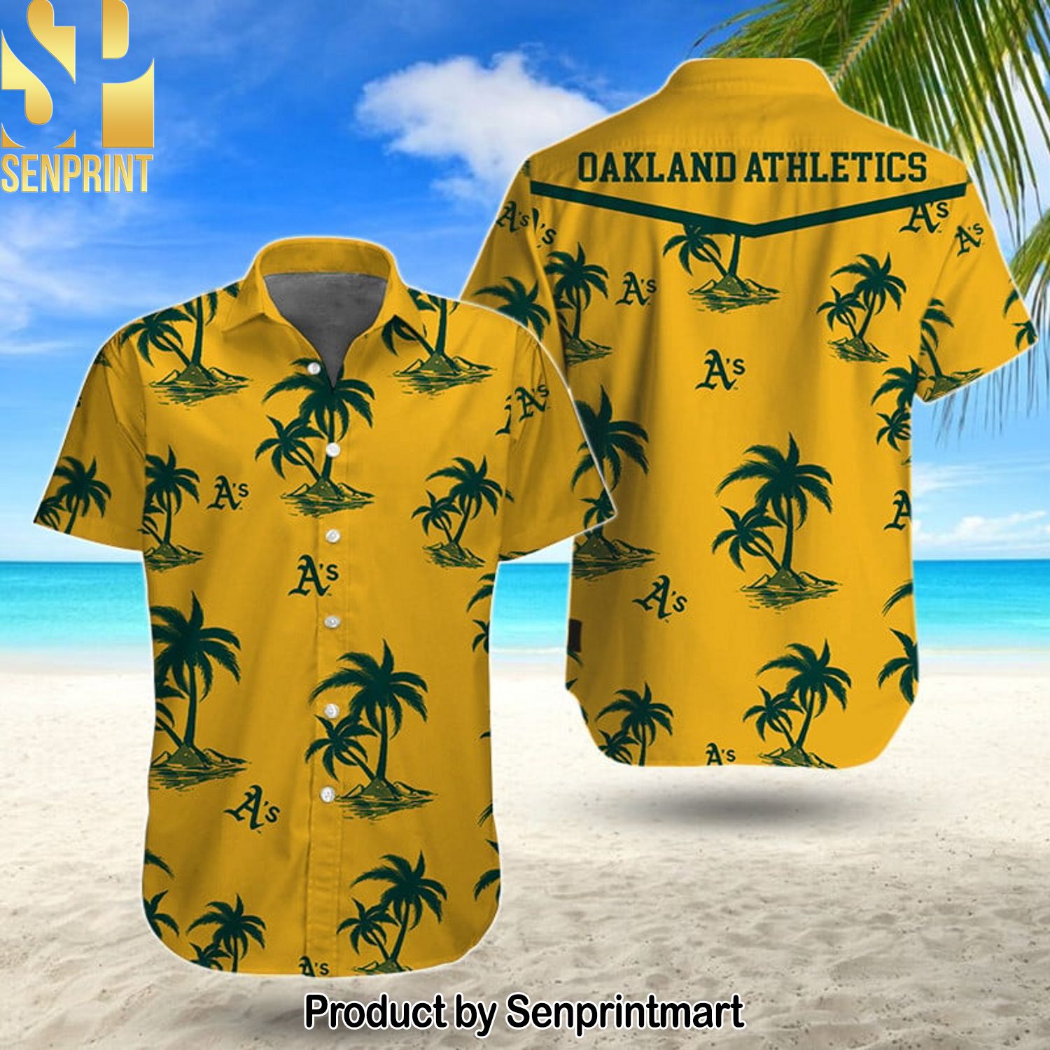 MLB Oakland Athletics Classic Hawaiian Print Aloha Button Down Short Sleeve Shirt