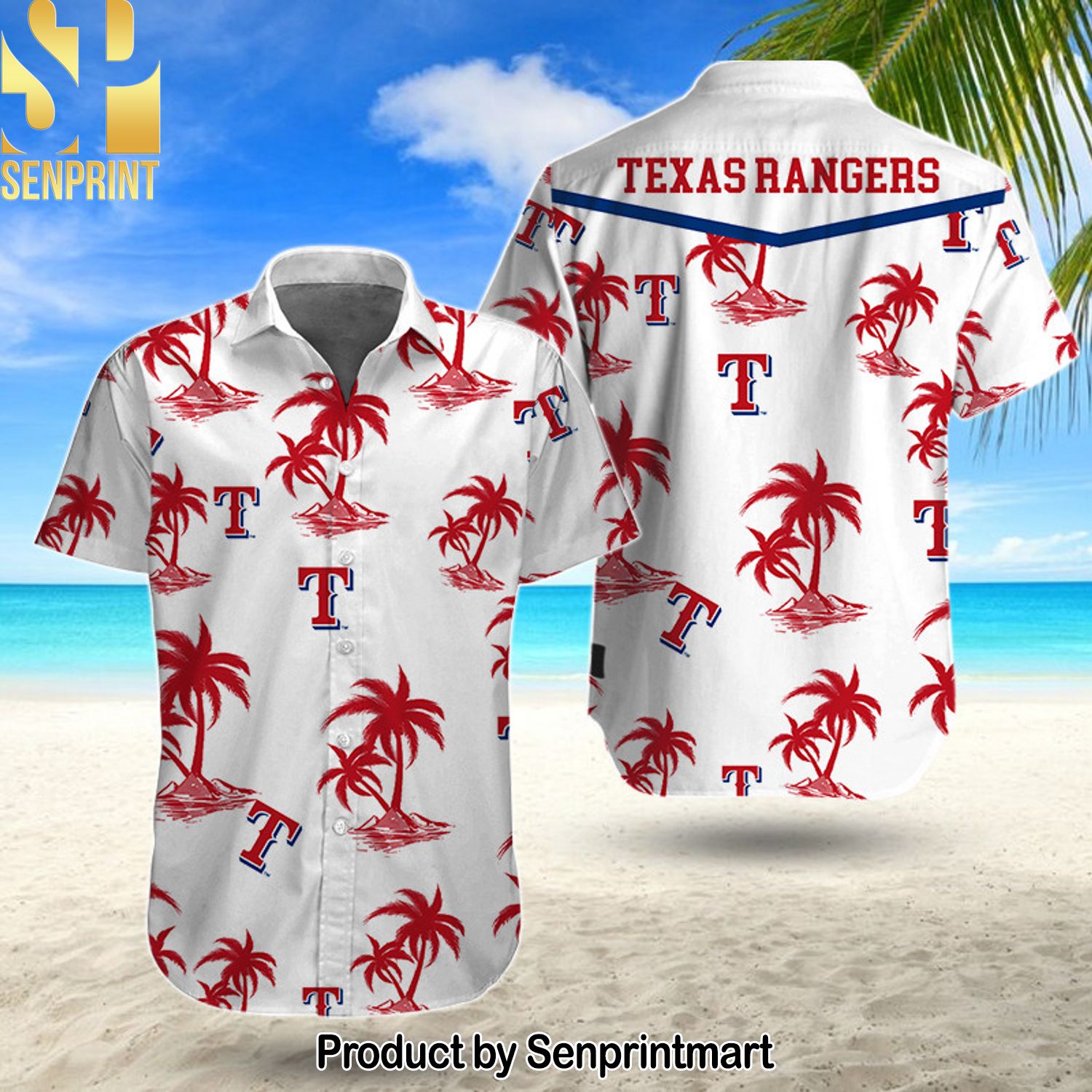MLB Texas Rangers Classic All Over Print Hawaiian Print Aloha Button Down Short Sleeve Shirt
