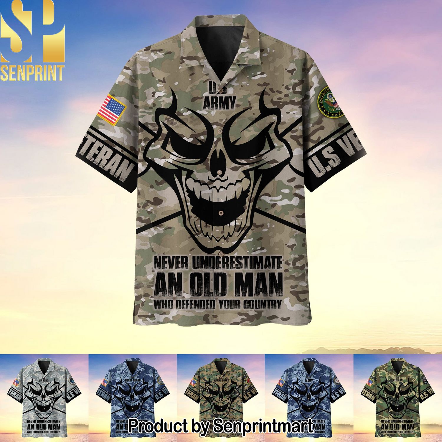 Never Underestimate An Old Man Skull US Veteran Multiservice Cool Style Hawaiian Print Aloha Button Down Short Sleeve Shirt