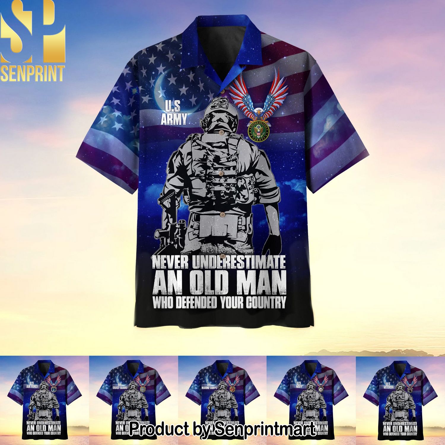 Never Underestimate An Old Man Who Defended Your Country Multiservice MH Classic All Over Print Hawaiian Print Aloha Button Down Short Sleeve Shirt