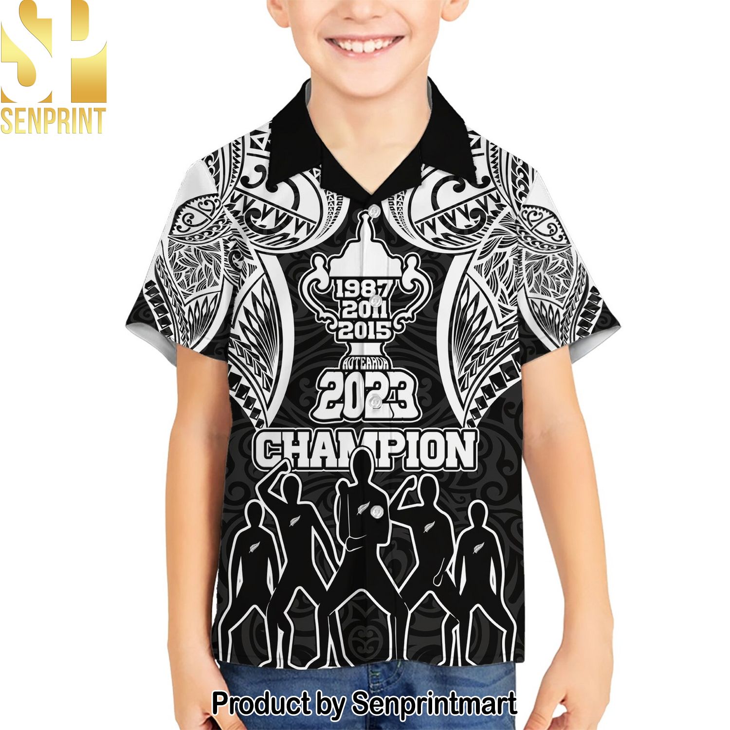 New Zealand Rugby Aotearoa Champion Cup History with Haka Dance Classic All Over Printed Hawaiian Print Aloha Button Down Short Sleeve Shirt