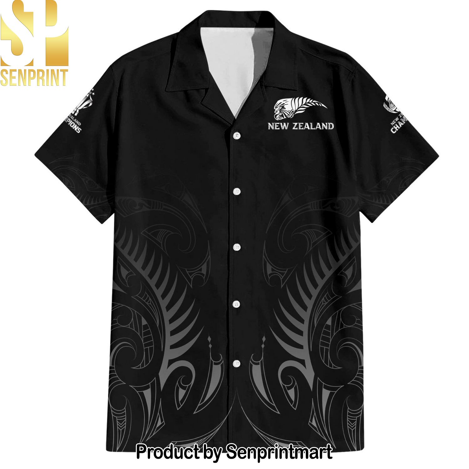 New Zealand Rugby Champions Black Hot Outfit Hawaiian Print Aloha Button Down Short Sleeve Shirt