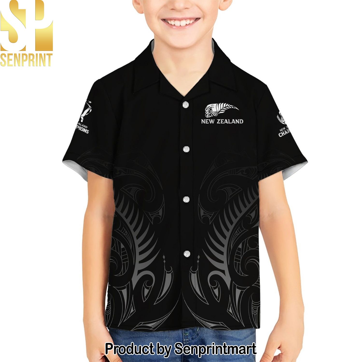 New Zealand Rugby Champions Black Hot Version Hawaiian Print Aloha Button Down Short Sleeve Shirt