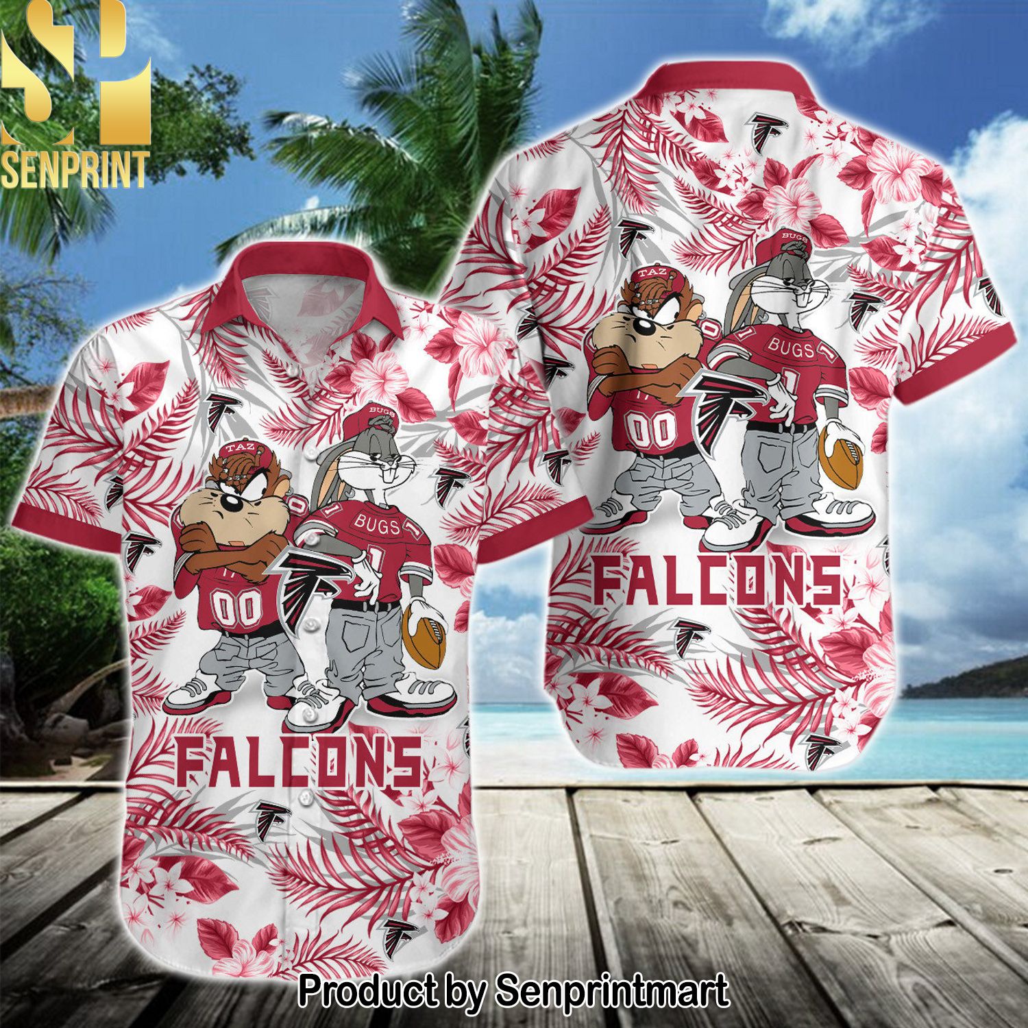 NFL Atlanta Falcons Classic All Over Printed Hawaiian Print Aloha Button Down Short Sleeve Shirt