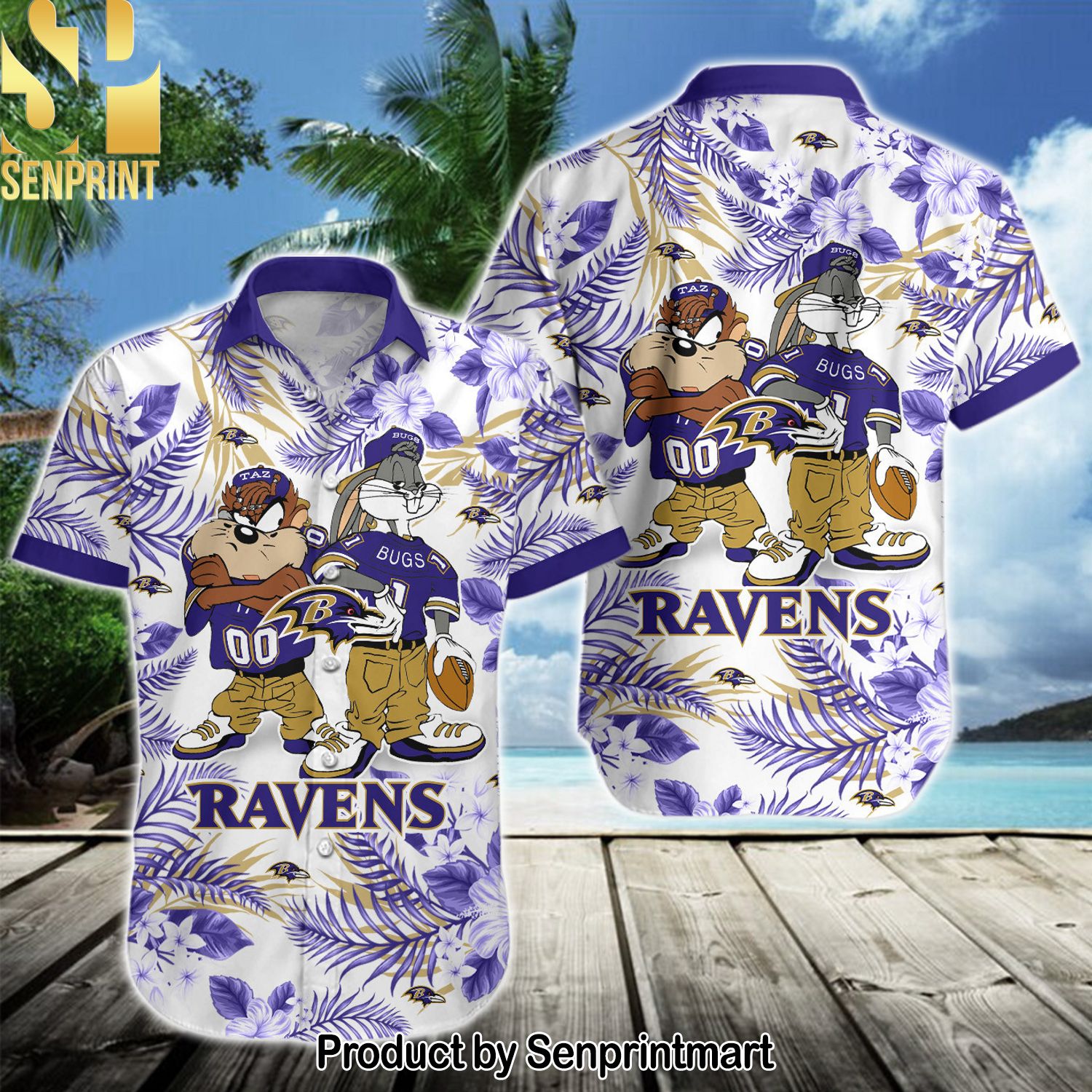 NFL Baltimore Ravens All Over Print Unisex Hawaiian Print Aloha Button Down Short Sleeve Shirt