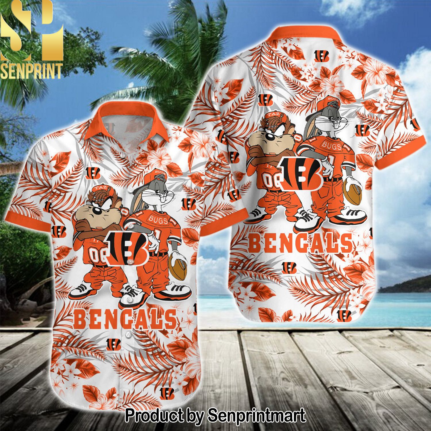 NFL Cincinnati Bengals All Over Print Classic Hawaiian Print Aloha Button Down Short Sleeve Shirt