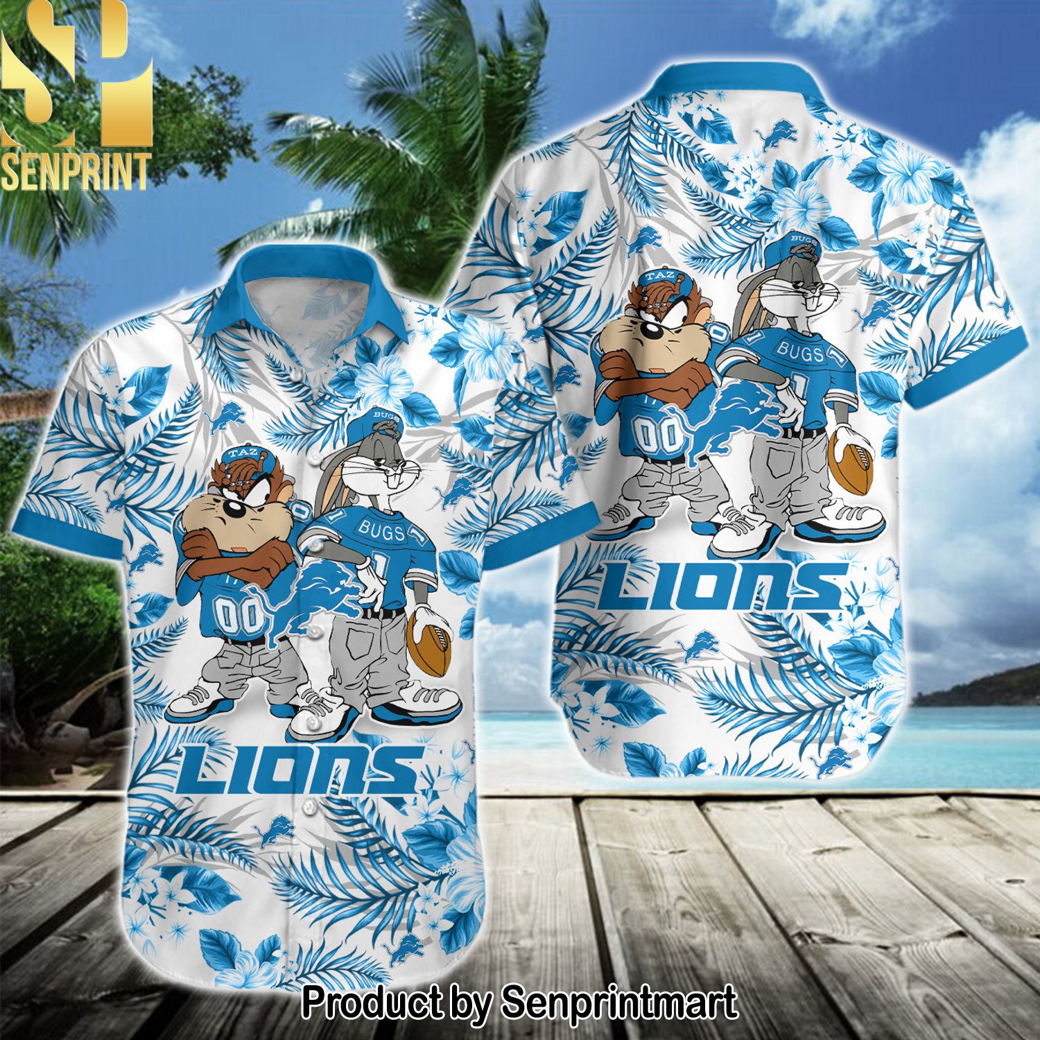 NFL Detroit Lions New Outfit Full Printed Hawaiian Print Aloha Button Down Short Sleeve Shirt