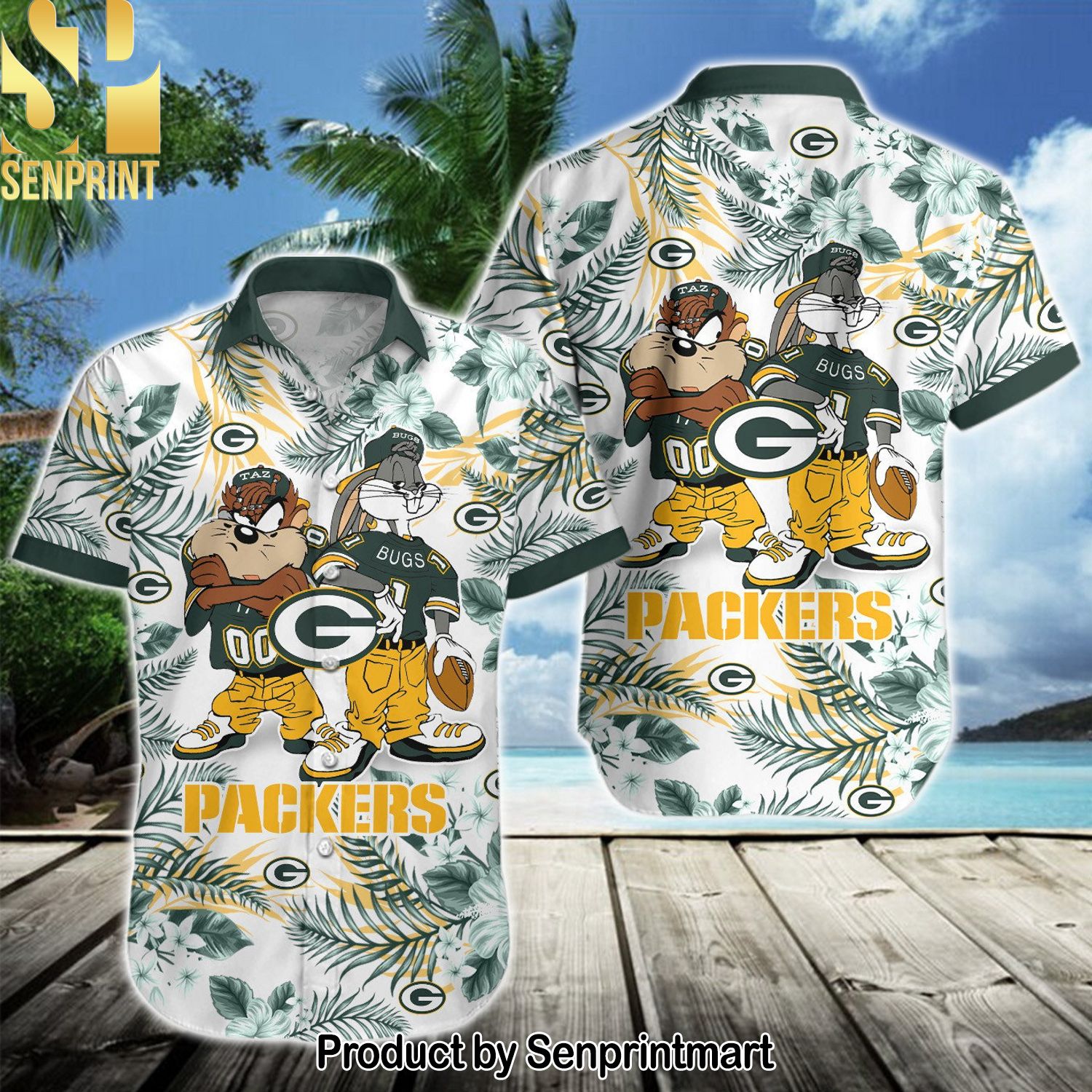 NFL Green Bay Packers Classic Full Printed Hawaiian Print Aloha Button Down Short Sleeve Shirt