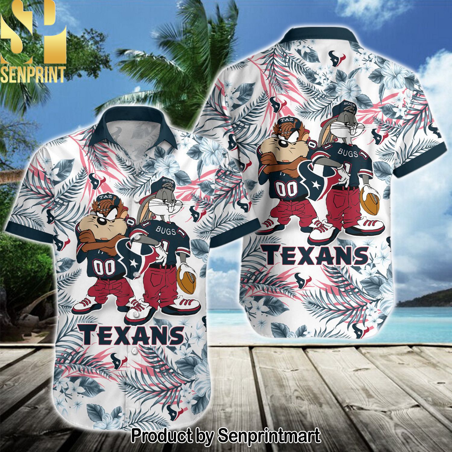 NFL Houston Texans Classic All Over Print Hawaiian Print Aloha Button Down Short Sleeve Shirt