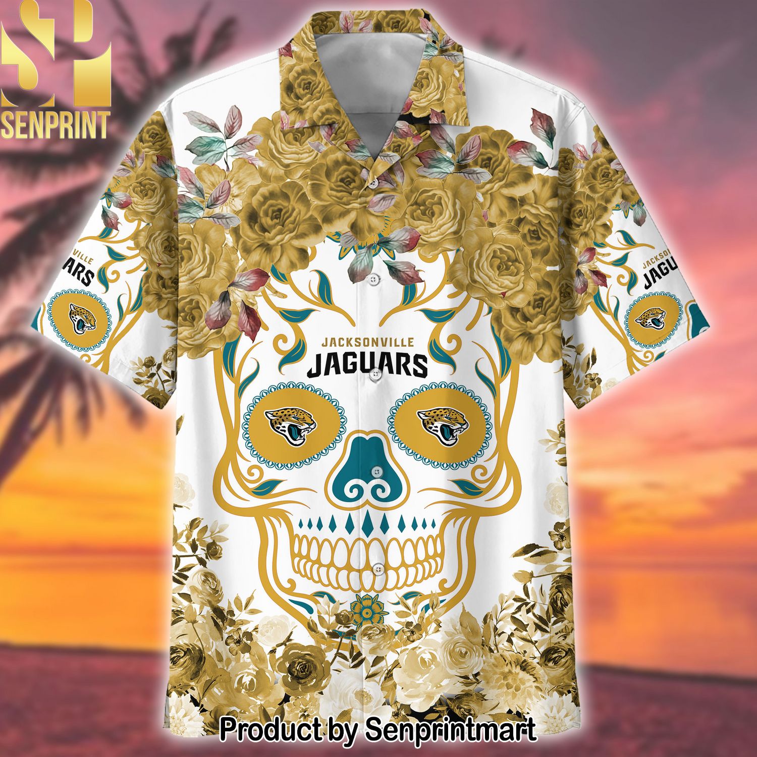 NFL Jacksonville JaguarsFlower Skull Full Printed Classic Hawaiian Print Aloha Button Down Short Sleeve Shirt