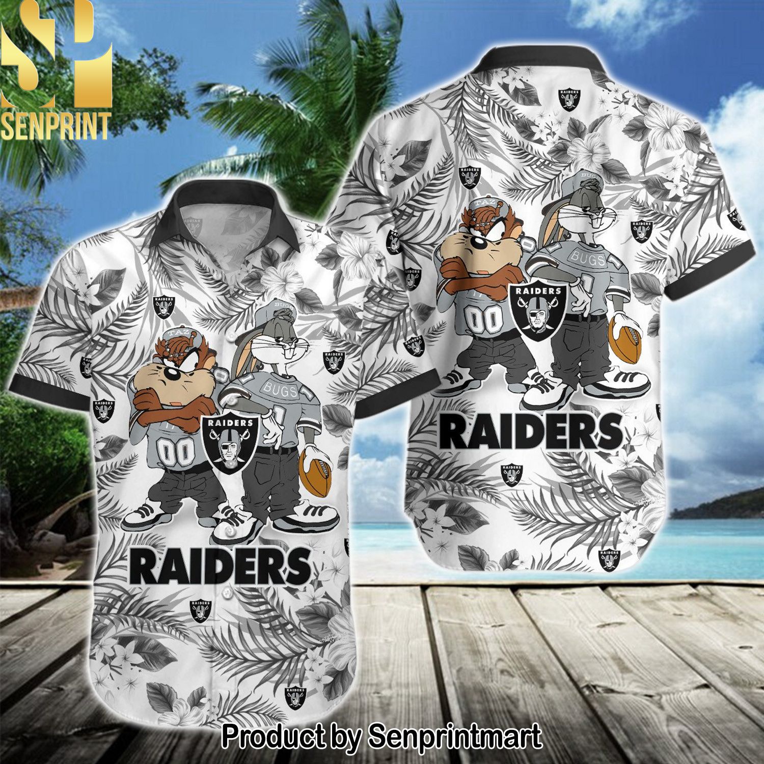 NFL Las Vegas Raiders Full Printed Unisex Hawaiian Print Aloha Button Down Short Sleeve Shirt