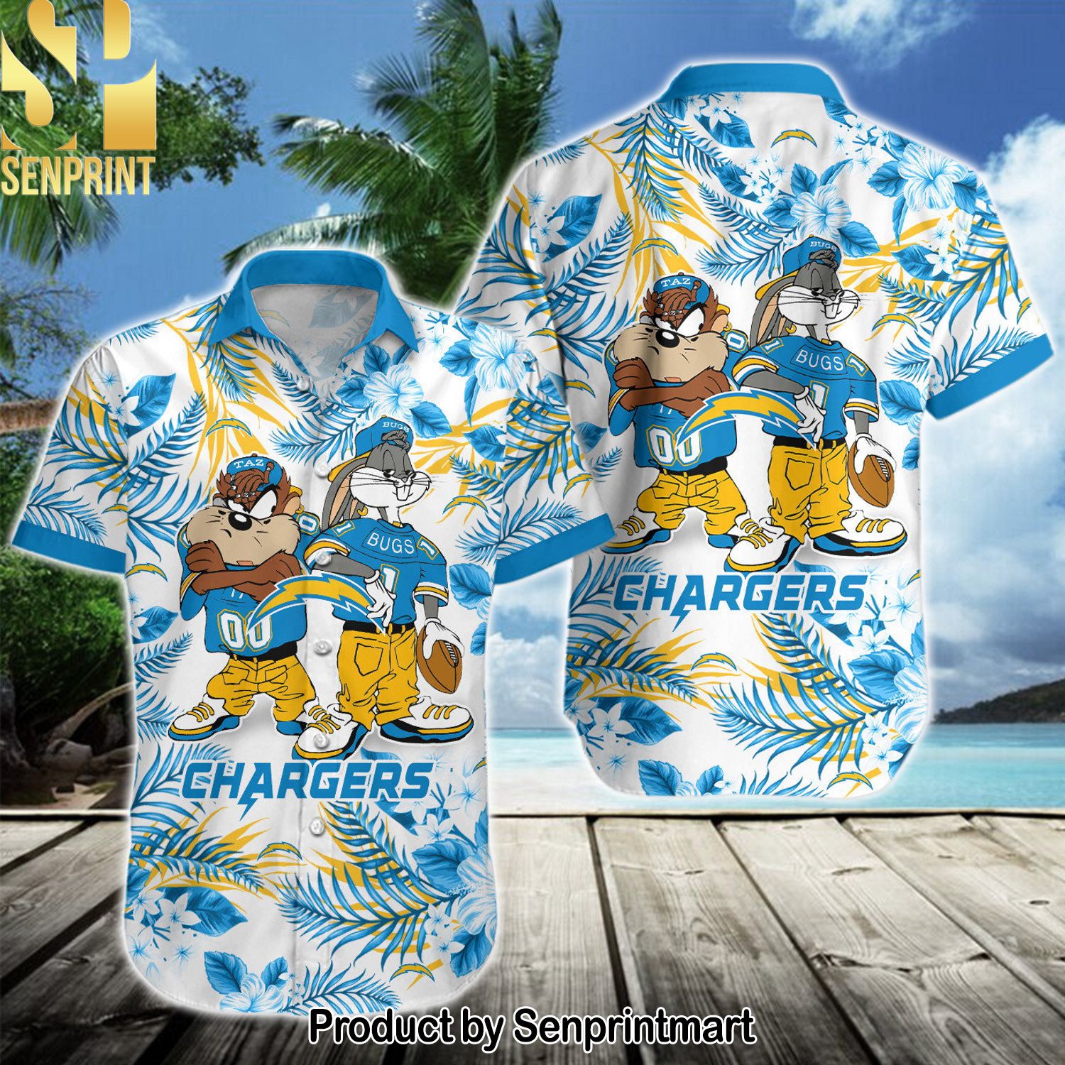 NFL Los Angeles Chargers New Fashion Hawaiian Print Aloha Button Down Short Sleeve Shirt