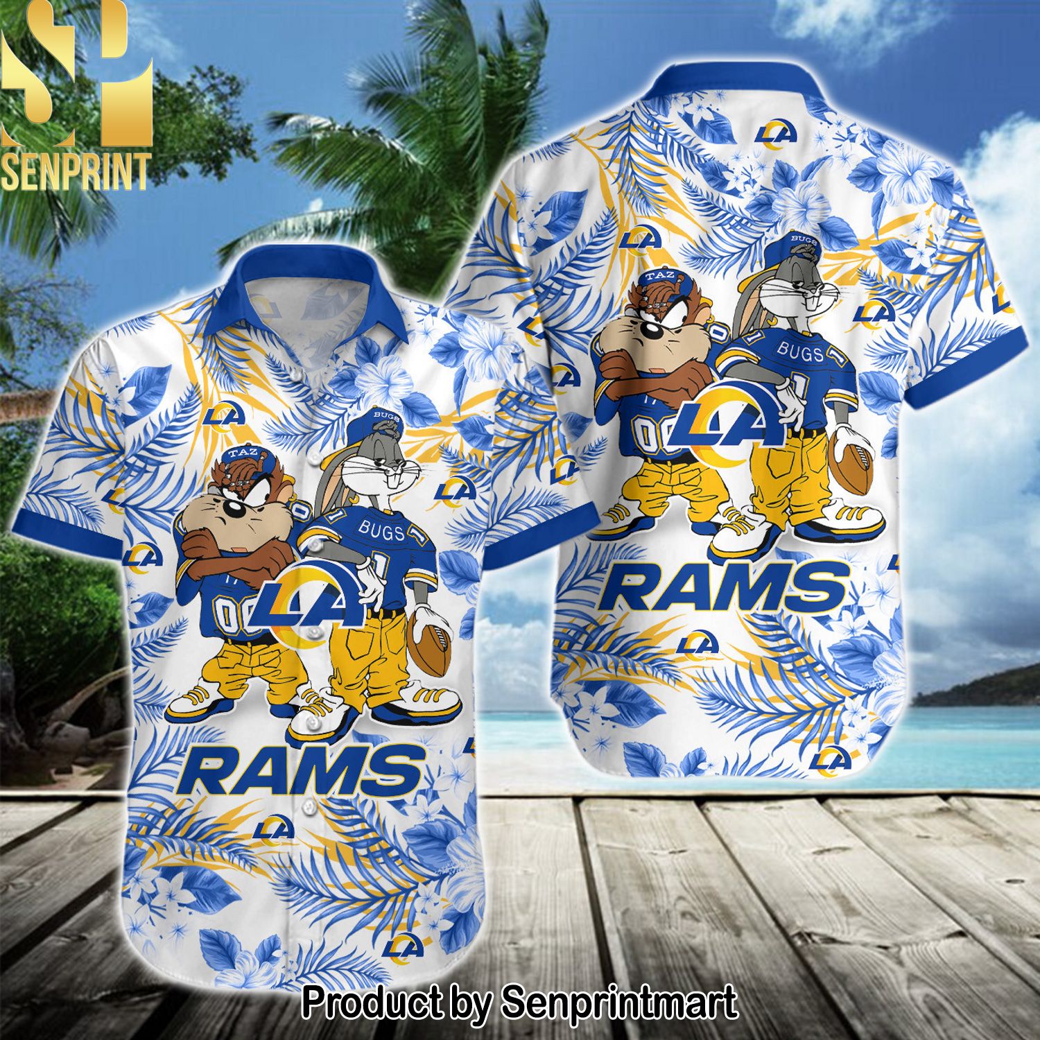 NFL Los Angeles Rams Full Printed Classic Hawaiian Print Aloha Button Down Short Sleeve Shirt
