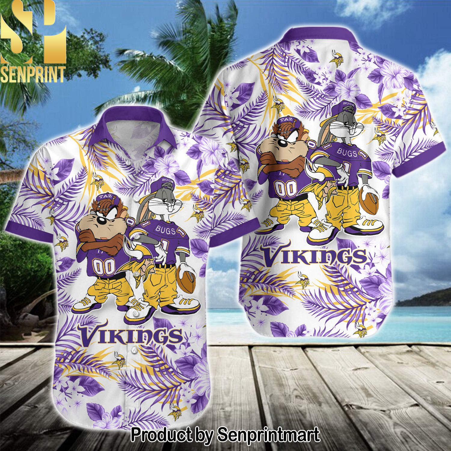 NFL Minnesota Vikings New Type Hawaiian Print Aloha Button Down Short Sleeve Shirt