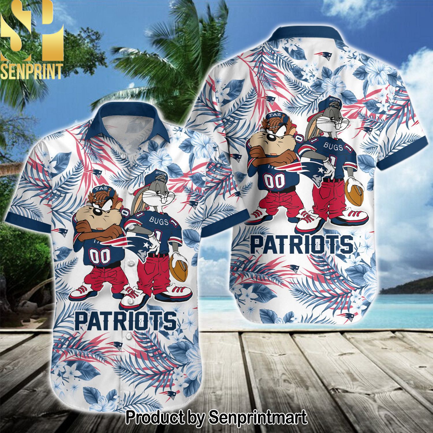 NFL New England Patriots Full Print Classic Hawaiian Print Aloha Button Down Short Sleeve Shirt