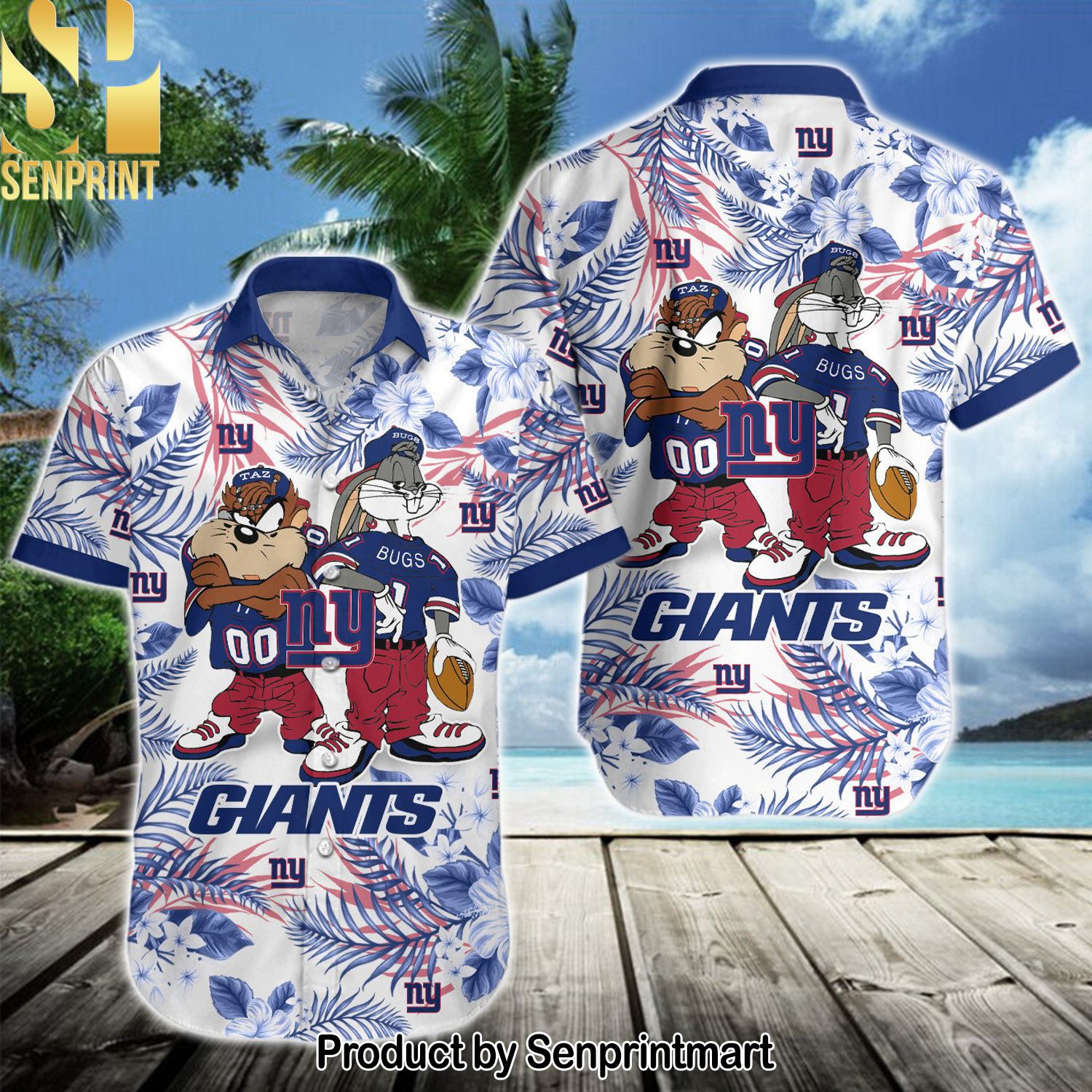 NFL New York Giants Classic Full Print Hawaiian Print Aloha Button Down Short Sleeve Shirt