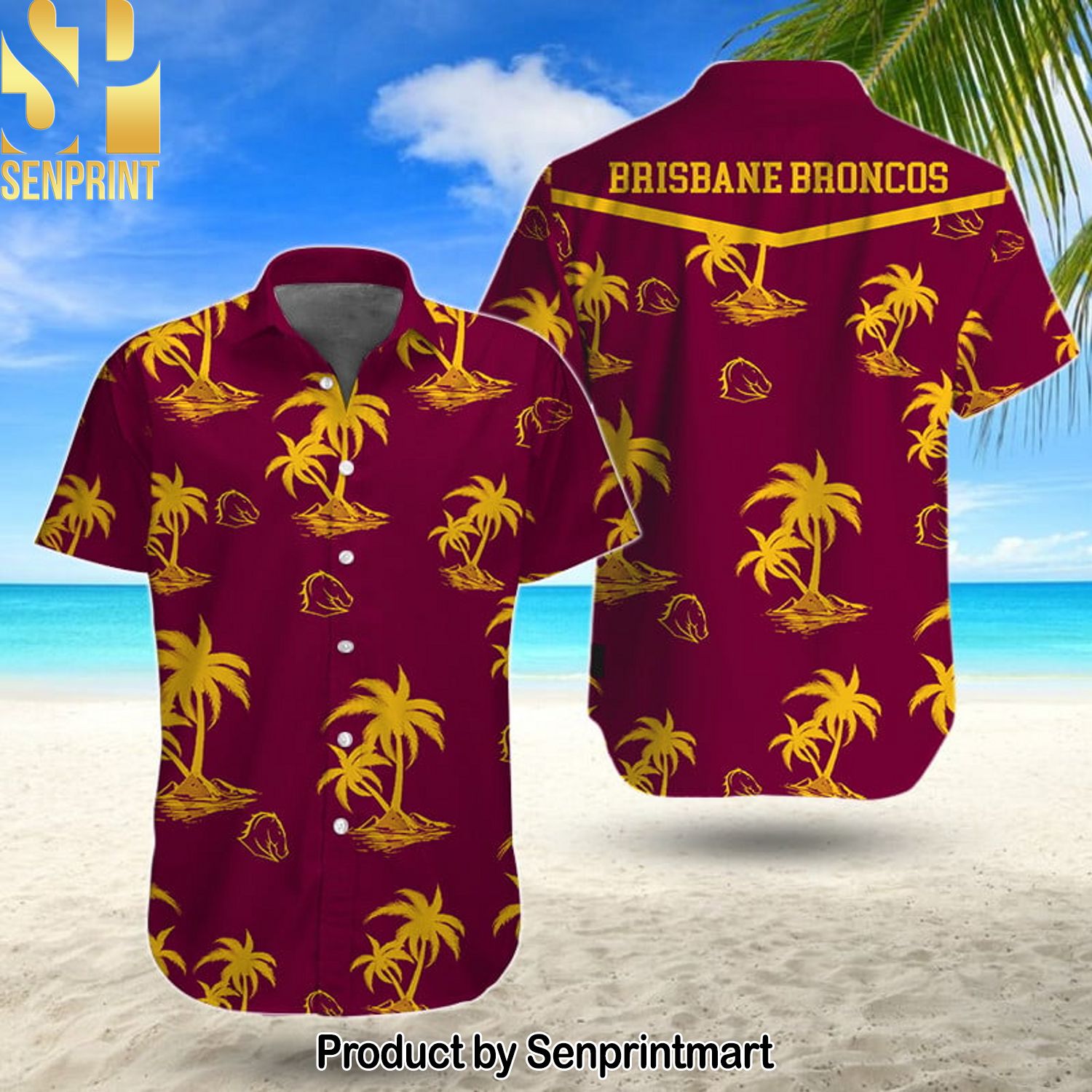 NRL Brisbane Broncos Classic Full Printing Hawaiian Print Aloha Button Down Short Sleeve Shirt