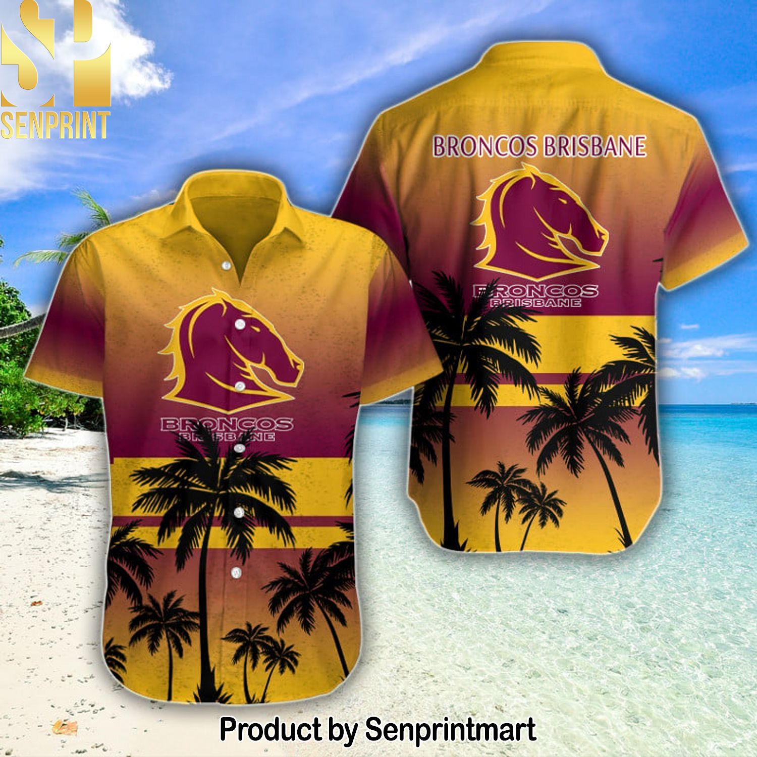 NRL Brisbane Broncos Full Printing Hawaiian Print Aloha Button Down Short Sleeve Shirt
