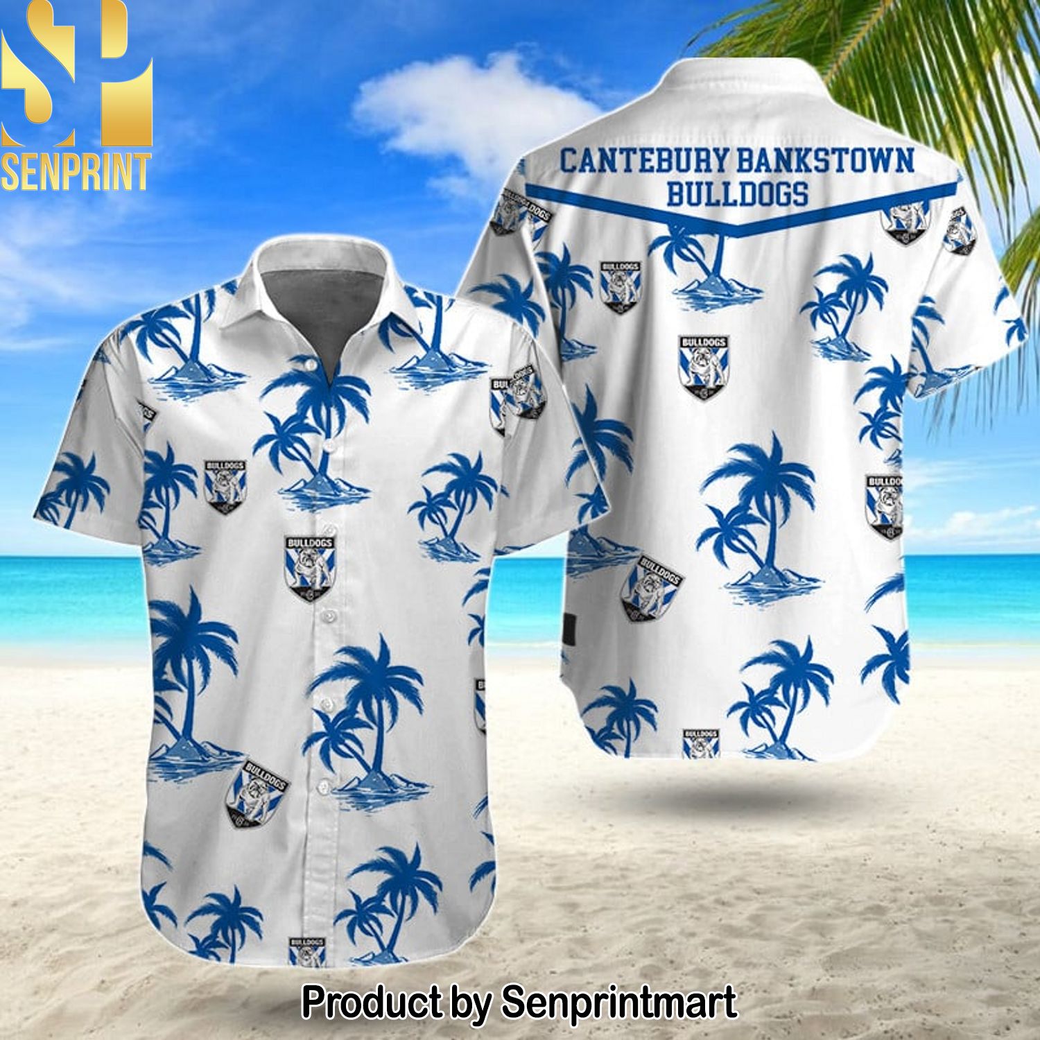 NRL Canterbury-Bankstown Bulldogs All Over Printed Hawaiian Print Aloha Button Down Short Sleeve Shirt