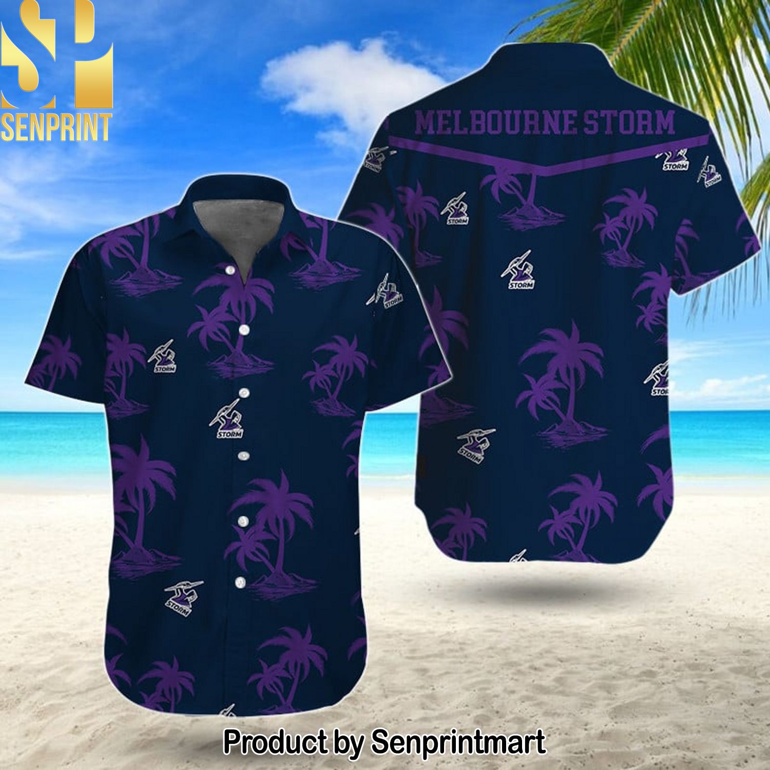 NRL Melbourne Storm Full Printed Classic Hawaiian Print Aloha Button Down Short Sleeve Shirt