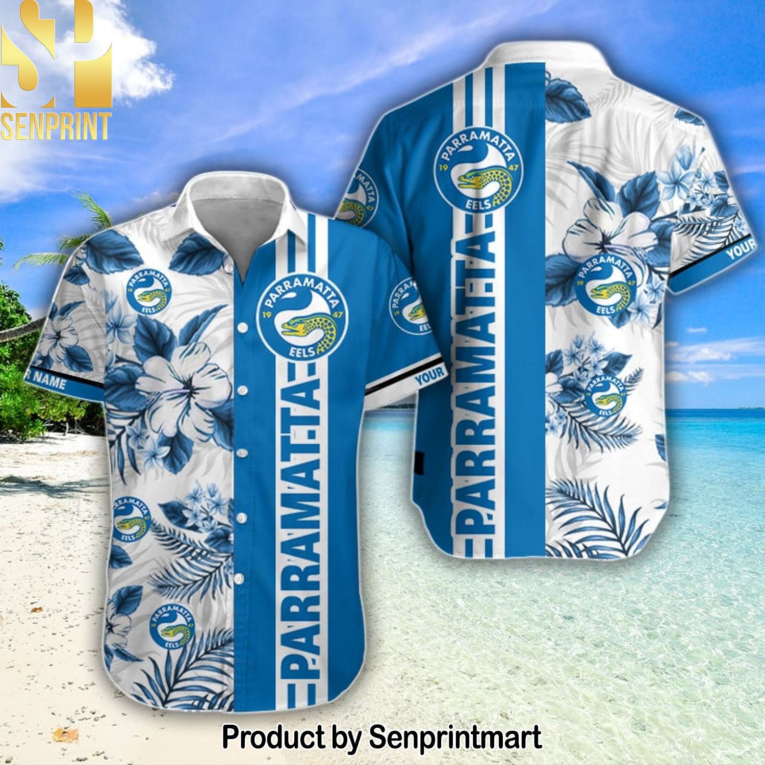 NRL Parramatta Eels 3D Full Printed Hawaiian Print Aloha Button Down Short Sleeve Shirt