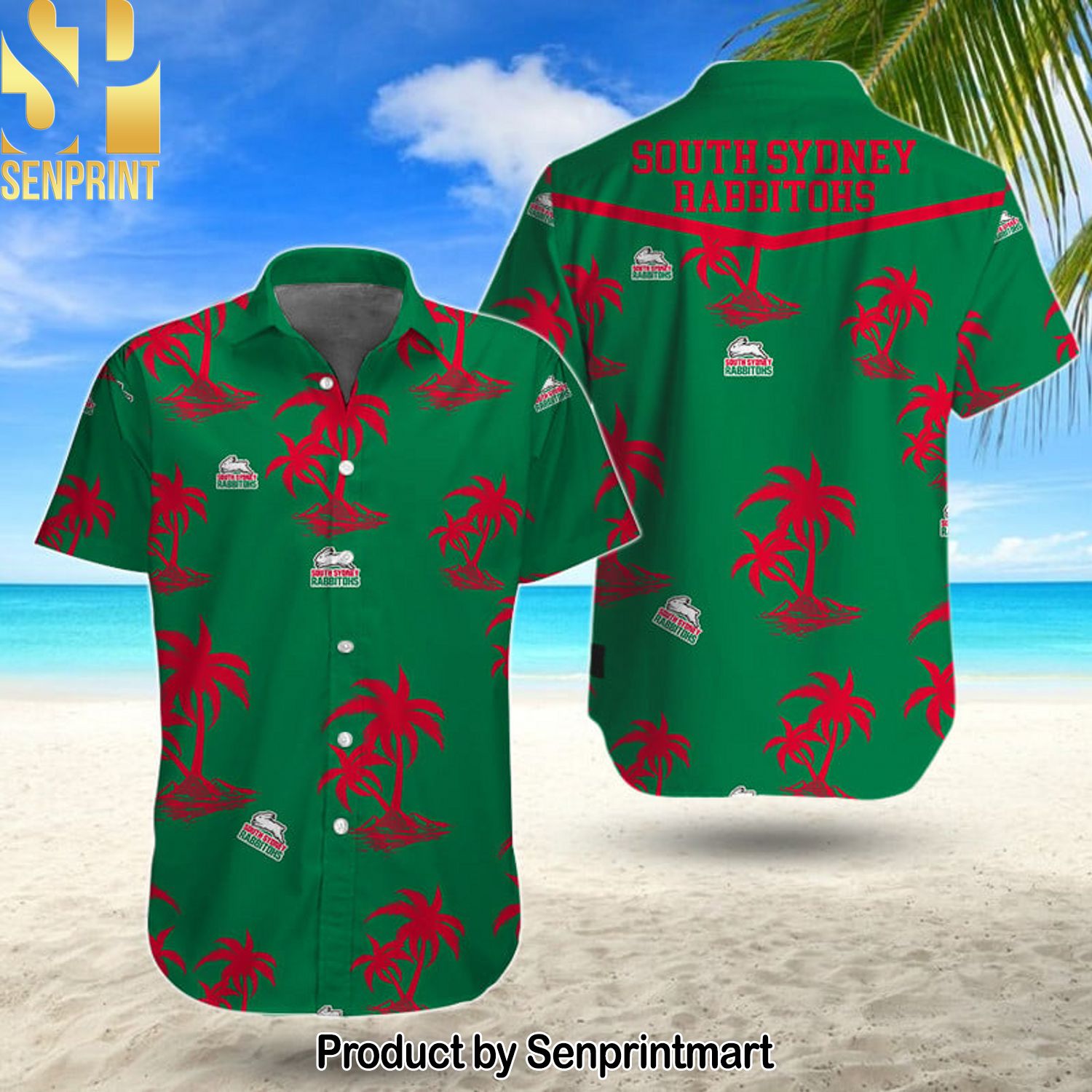 NRL South Sydney Rabbitohs Classic Full Printed Hawaiian Print Aloha Button Down Short Sleeve Shirt