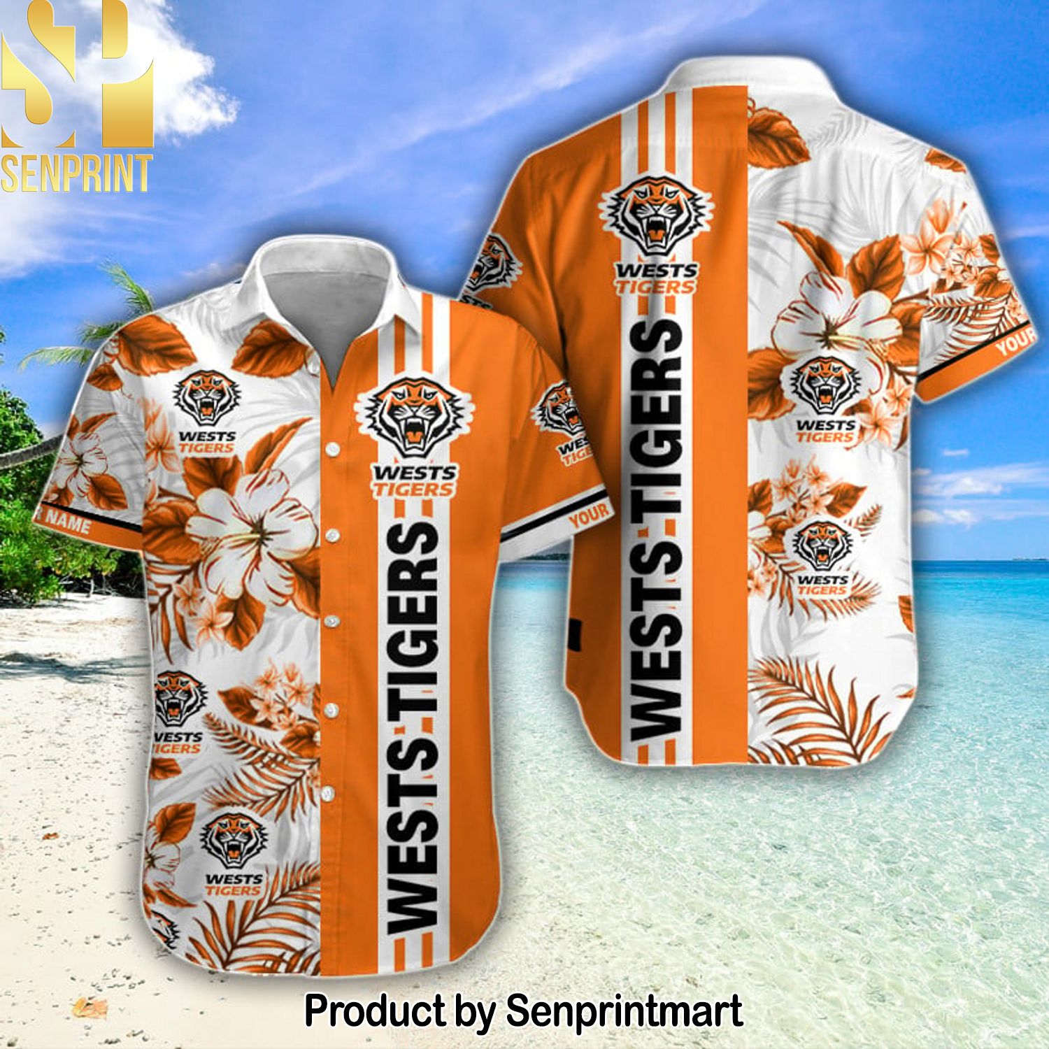 NRL Wests Tigers Full Printed Unisex Hawaiian Print Aloha Button Down Short Sleeve Shirt