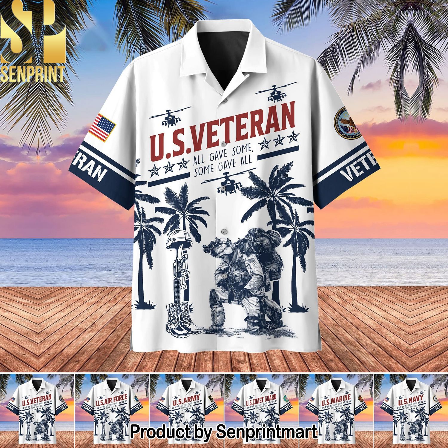 Premium All Gave Some Some Gave All United States Veteran Classic Hawaiian Print Aloha Button Down Short Sleeve Shirt