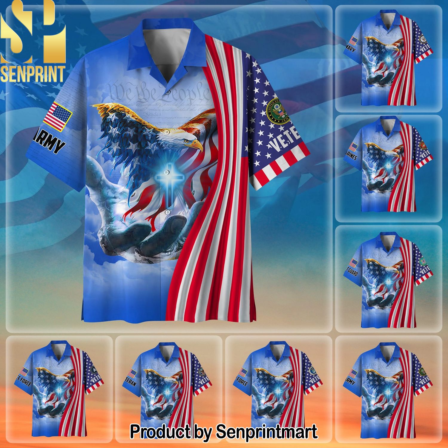 Premium American Patriot US Veteran Full Printed Unisex Hawaiian Print Aloha Button Down Short Sleeve Shirt