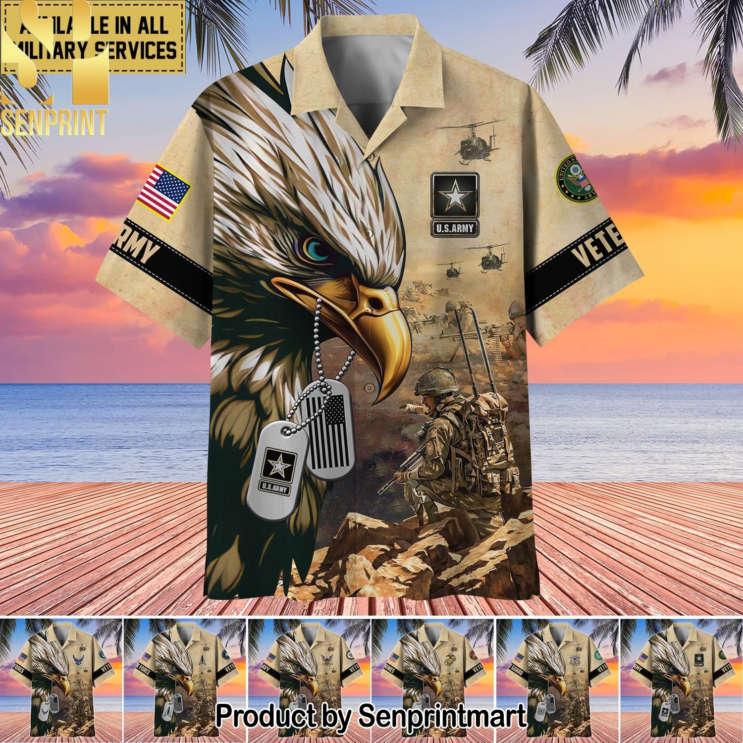 Premium American Pride US Veteran Combo Full Printing Hawaiian Print Aloha Button Down Short Sleeve Shirt