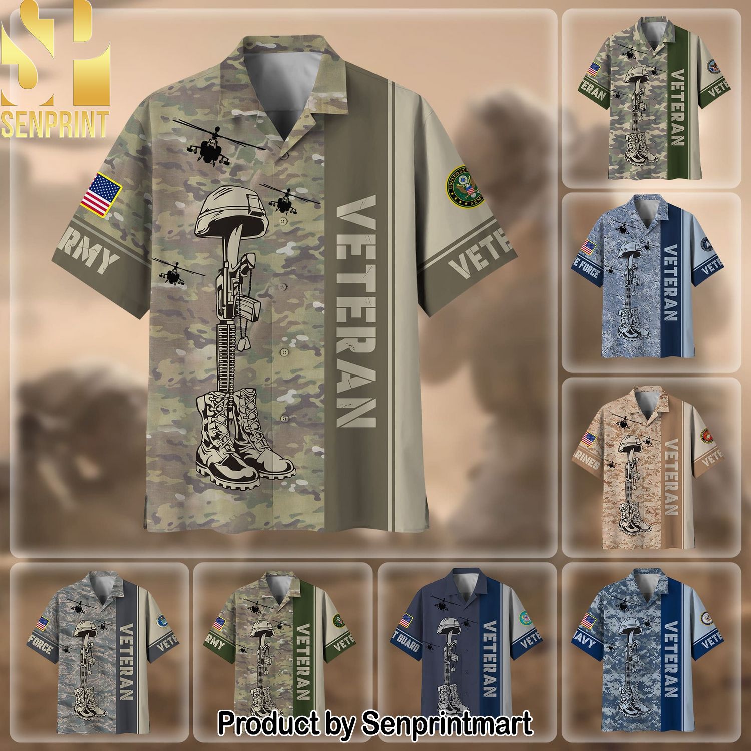 Premium Camo Soldiers Multiservice US Veteran Hot Version All Over Printed Hawaiian Print Aloha Button Down Short Sleeve Shirt