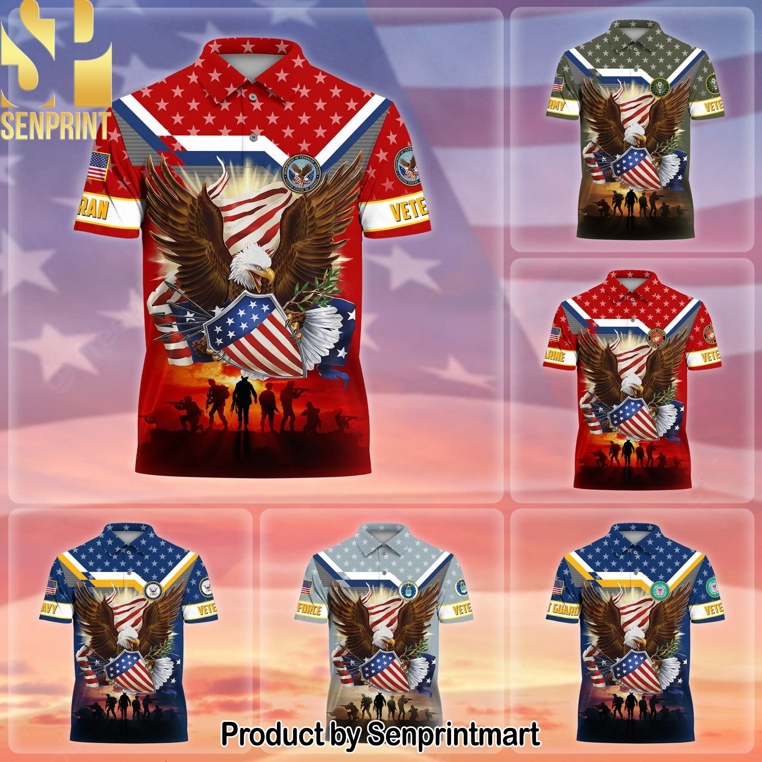 Premium Eagle US Veteran All Over Print Hawaiian Print Aloha Button Down Short Sleeve Shirt