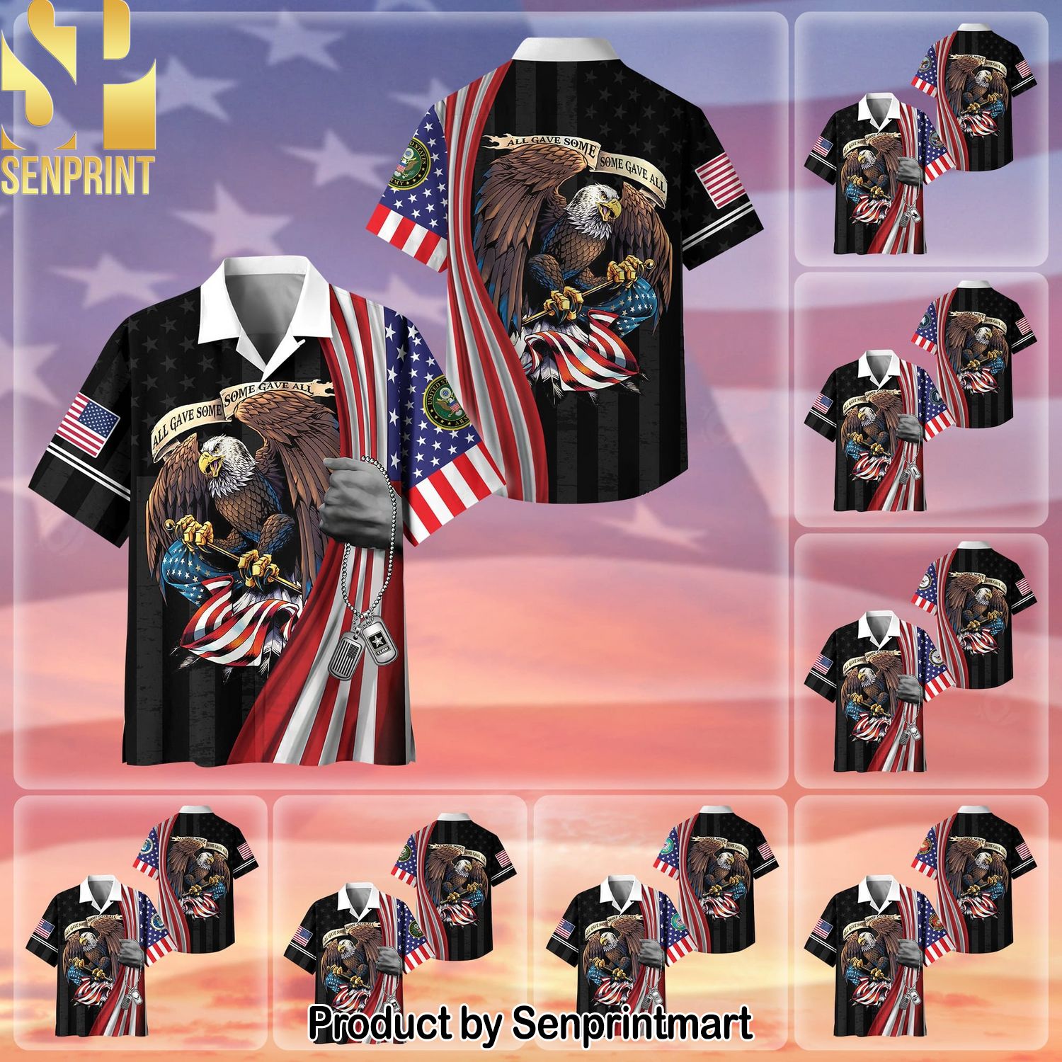 Premium Eagle US Veteran Hot Fashion Hawaiian Print Aloha Button Down Short Sleeve Shirt