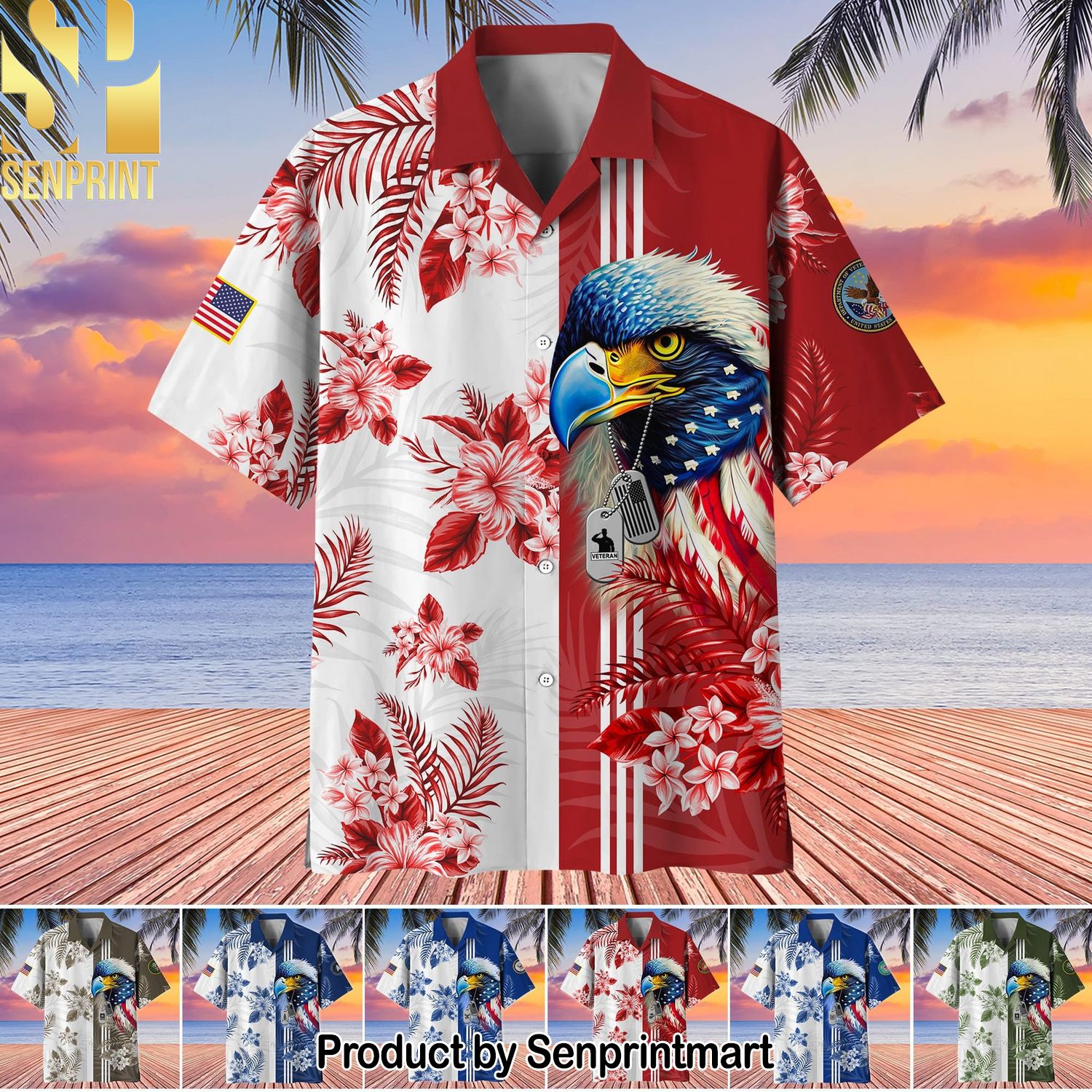 Premium Eagle US Veteran Hot Version All Over Printed Hawaiian Print Aloha Button Down Short Sleeve Shirt