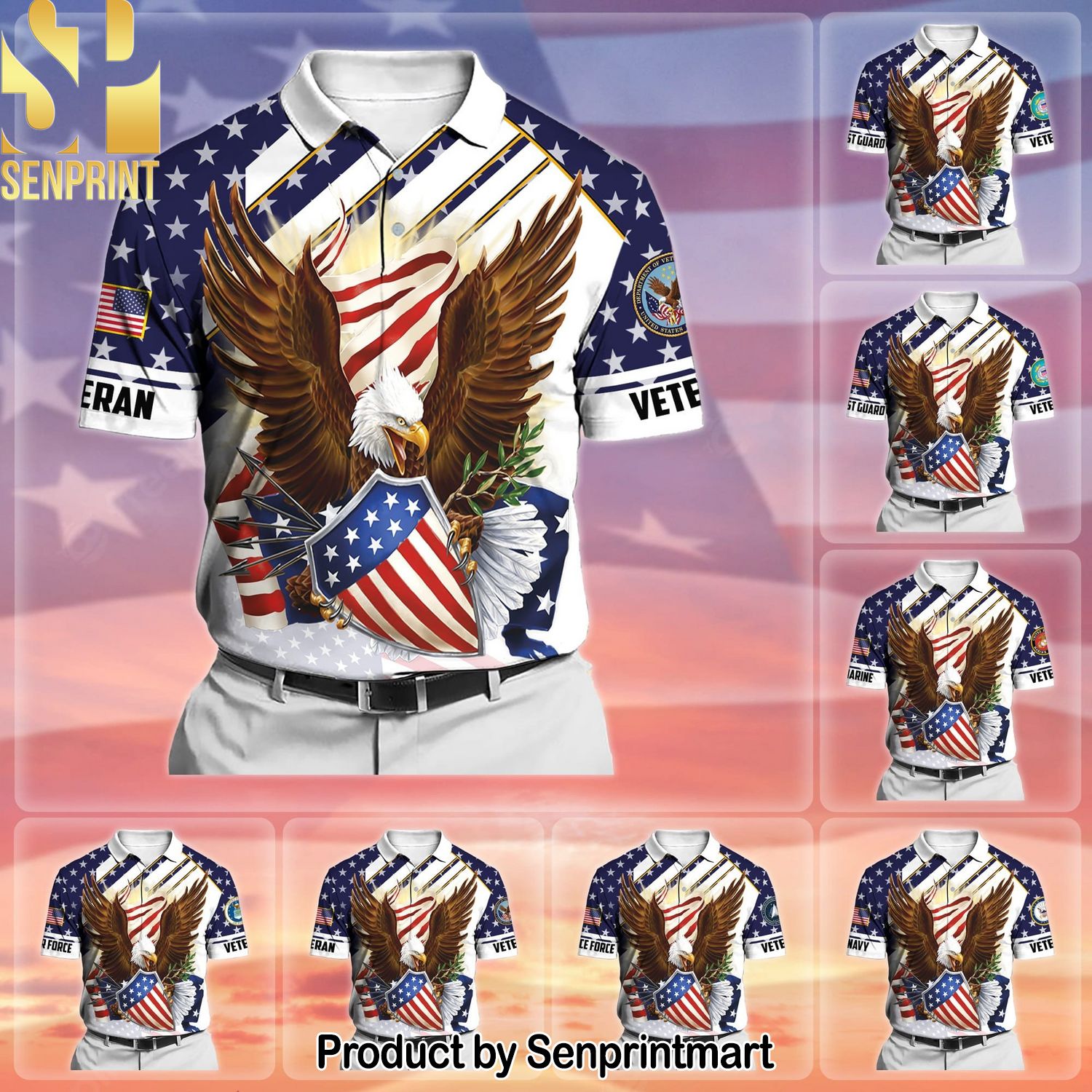 Premium Eagle US Veteran New Style Full Print Hawaiian Print Aloha Button Down Short Sleeve Shirt