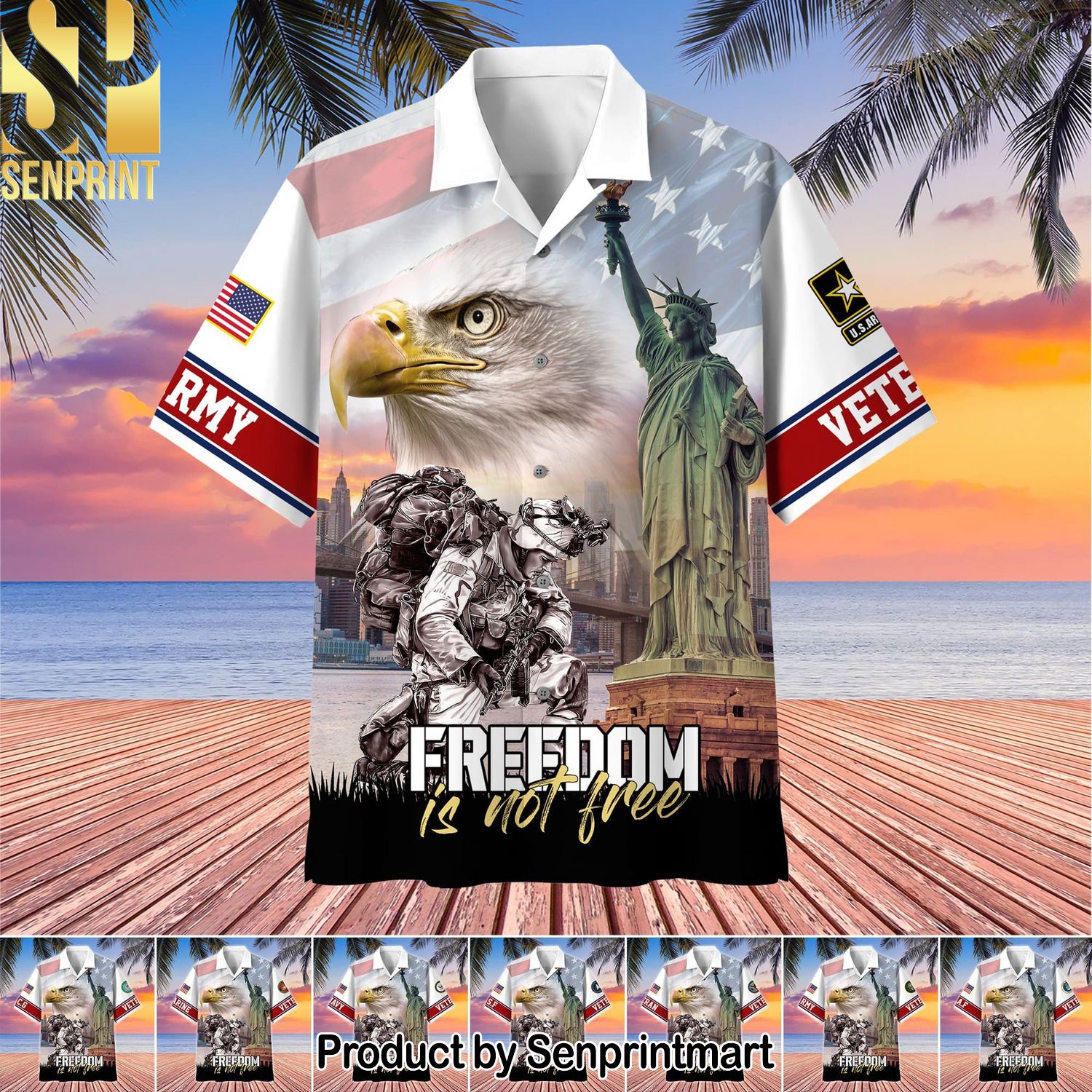 Premium Freedom Is Not Free US Veteran Full Printing Unisex Hawaiian Print Aloha Button Down Short Sleeve Shirt