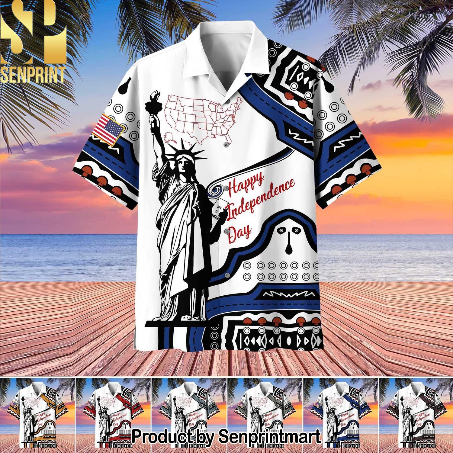 Premium Happy Independence Day Classic Hawaiian Print Aloha Button Down Short Sleeve Shirt